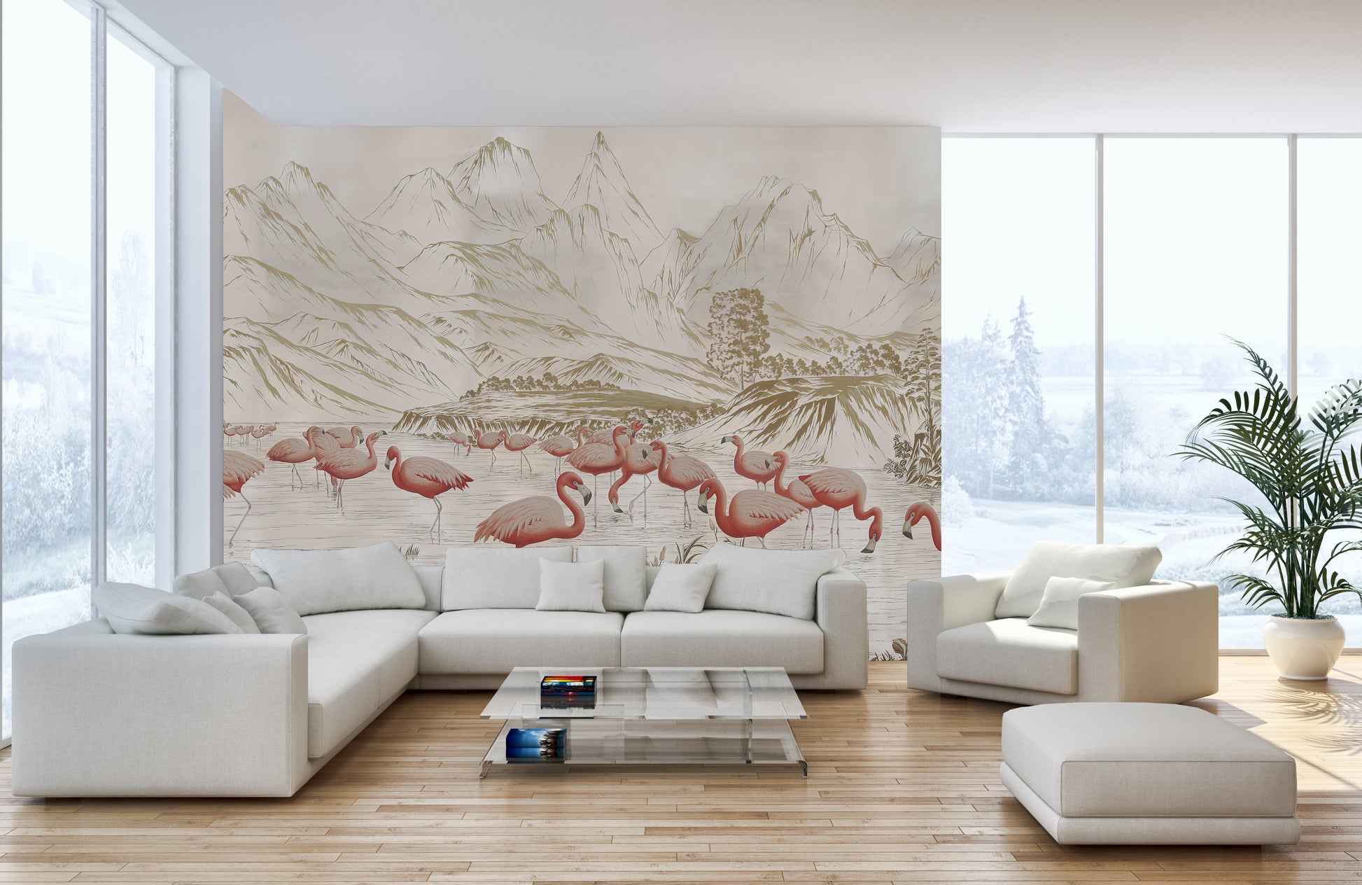 Vibrant Flamingo Lake Wallpaper Mural design