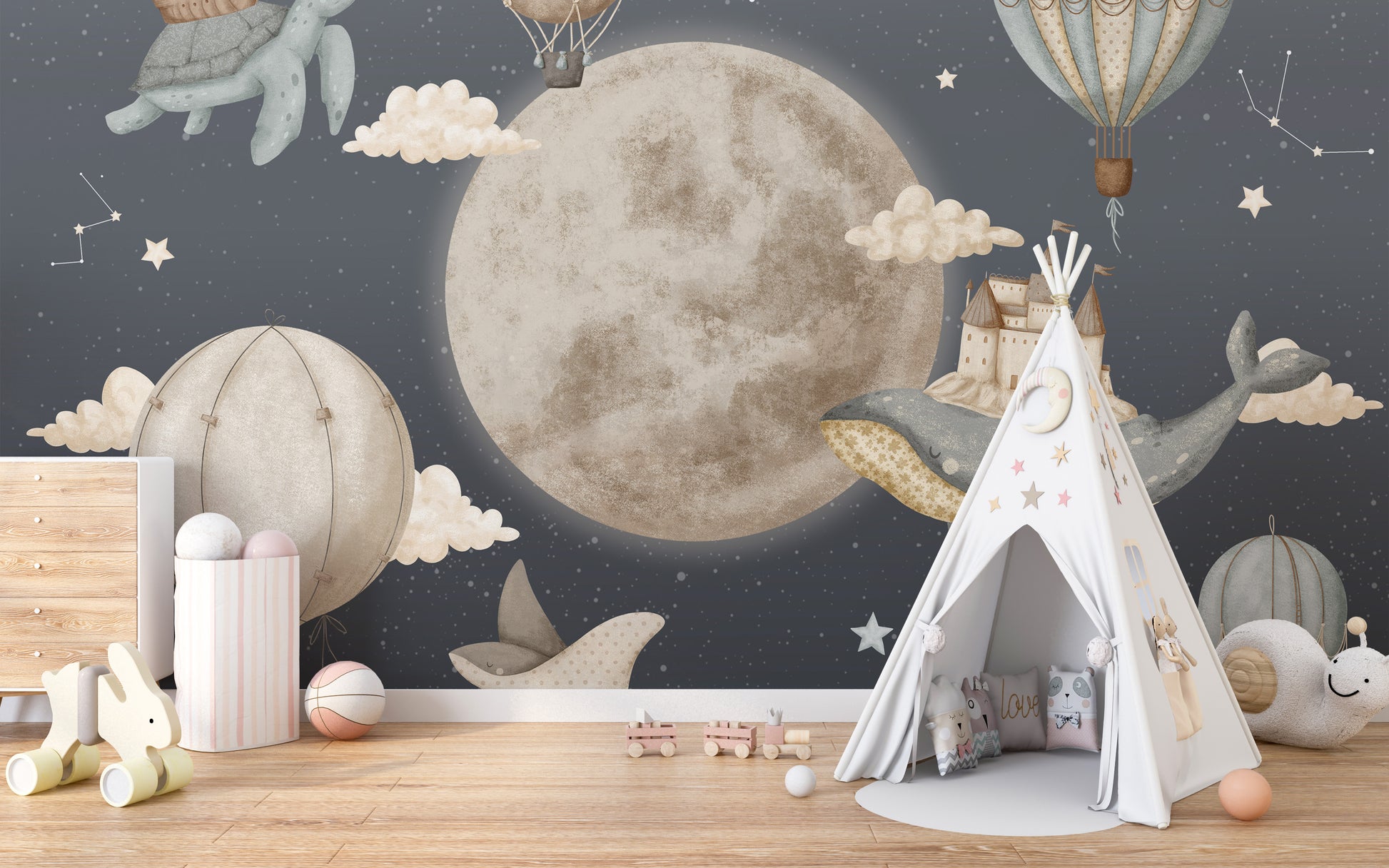 Dreamy Night Balloon Wallpaper Mural for kids' imagination