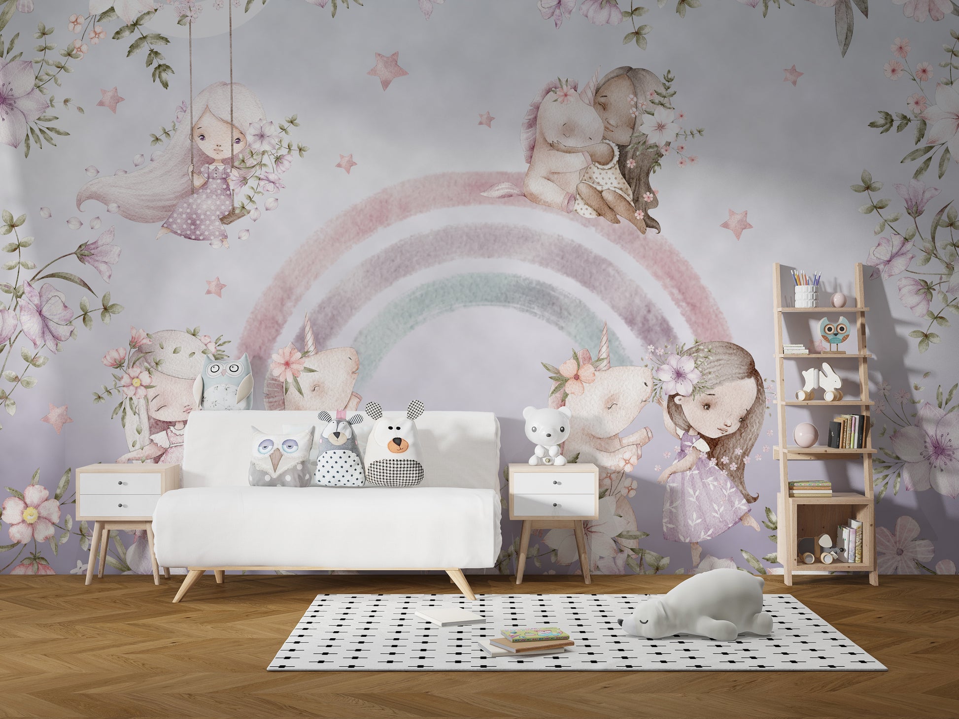 Bright Rainbow Girls Floral Wall Mural design