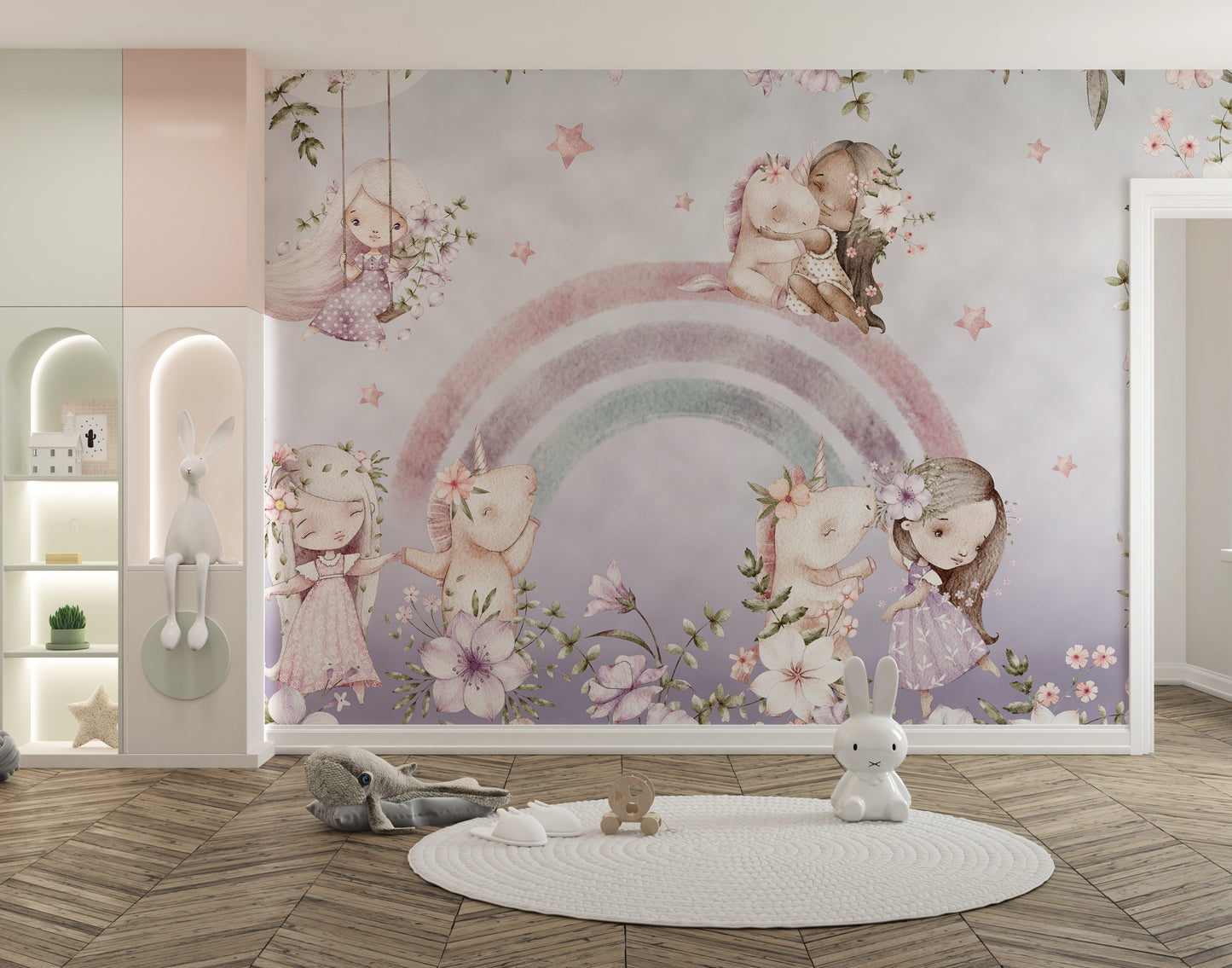 Rainbow Girls Floral Wall Mural for a playful vibe