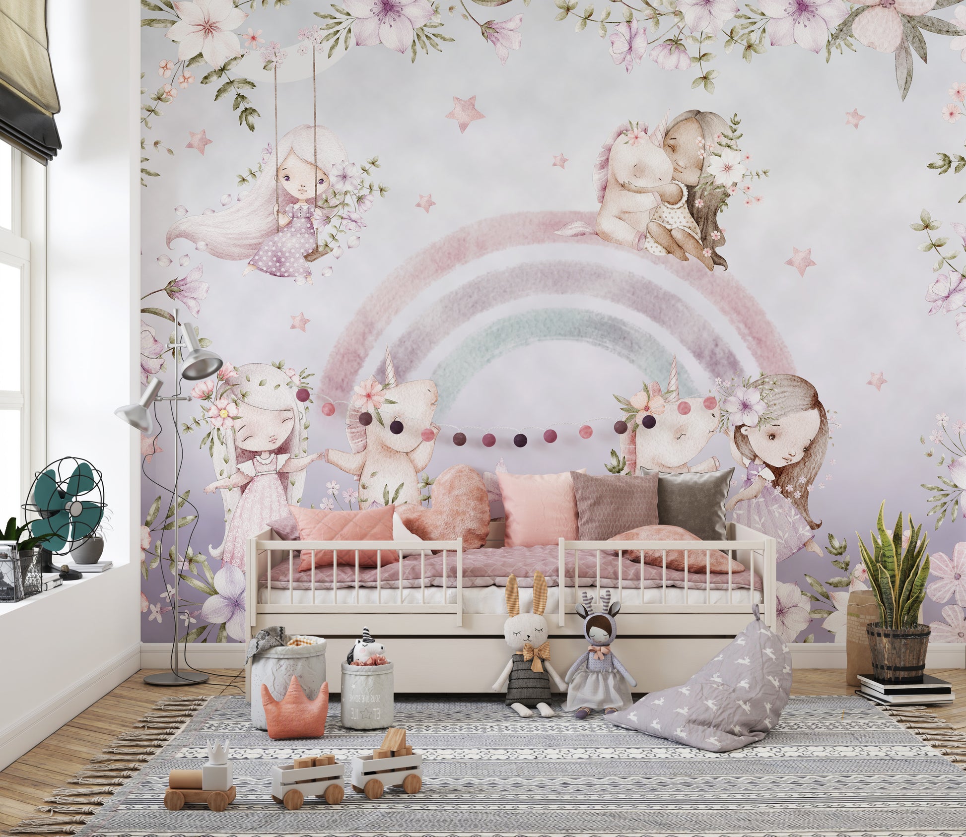 Rainbow Girls Floral Wall Mural for a cheerful feel