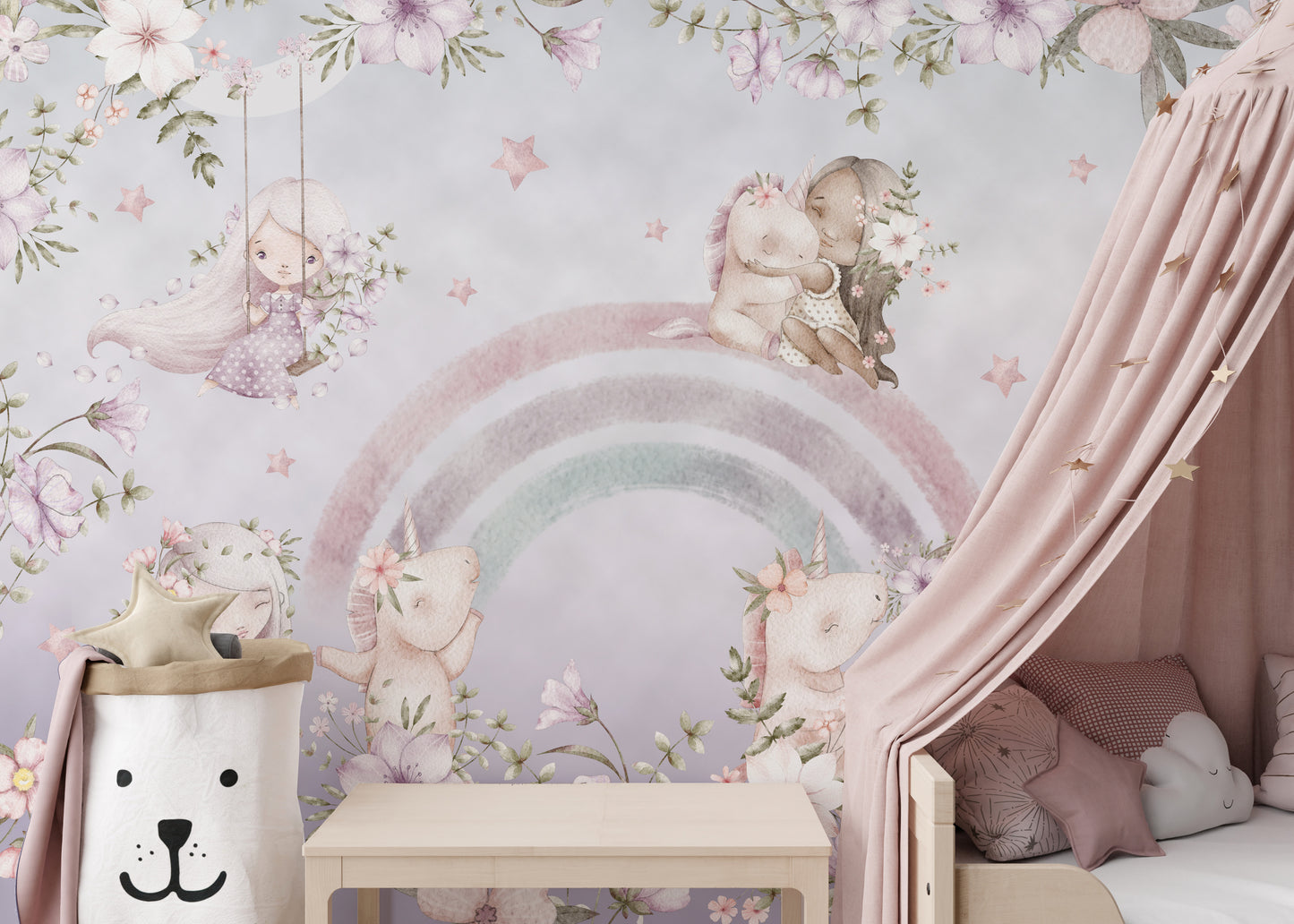 Rainbow Girls Floral Wall Mural for a joyful vibe