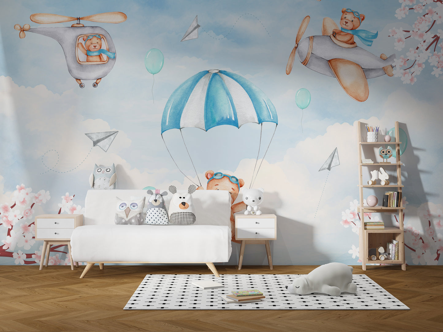 Teddy Pilots Cloudscape Wallpaper Mural with playful charm