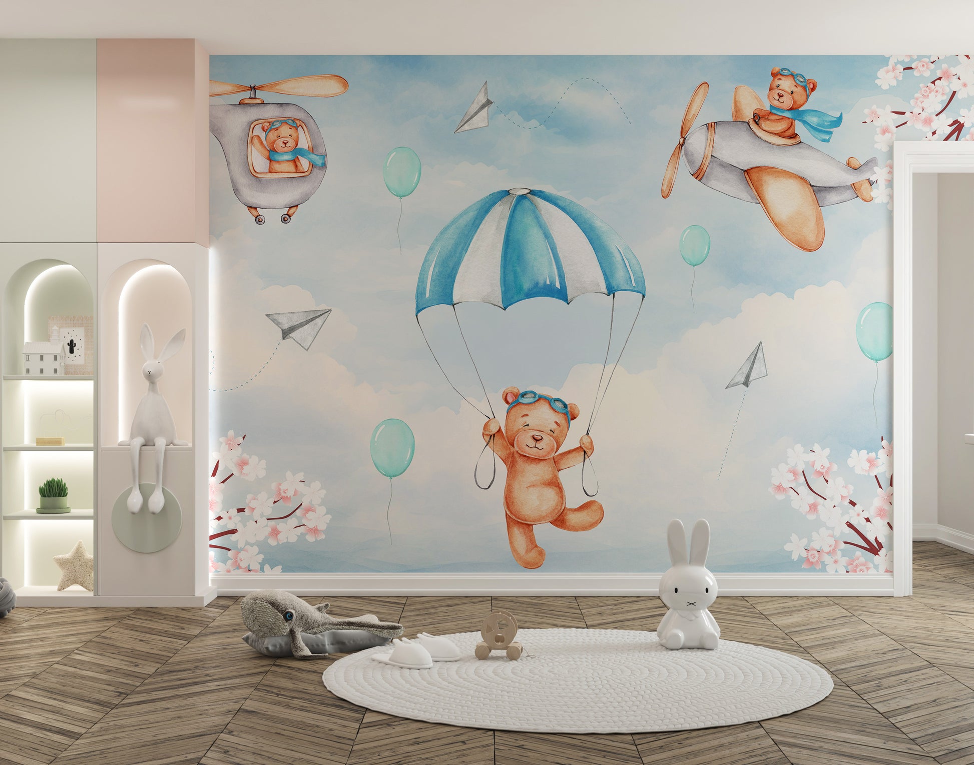 Teddy Pilots Cloudscape Wall Mural for a whimsical scene