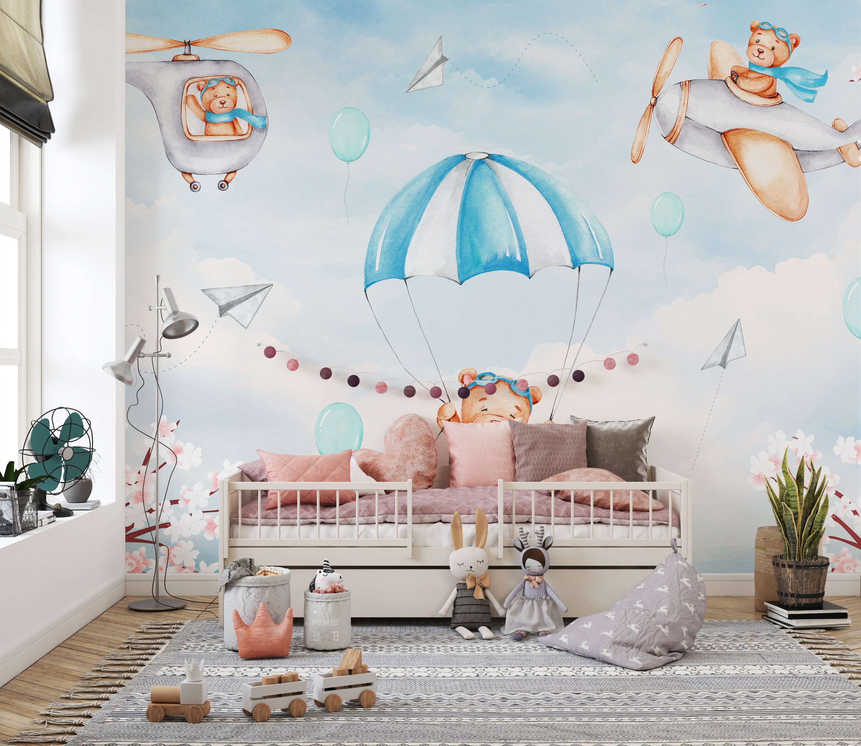 Teddy Pilots Cloudscape Wallpaper Mural with cute details