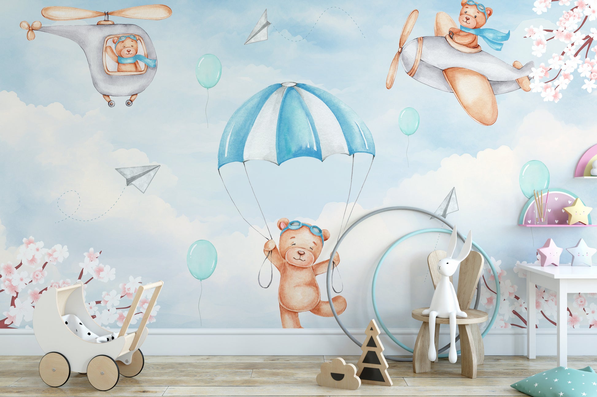 Teddy Pilots Cloudscape Wallpaper Mural with fluffy clouds