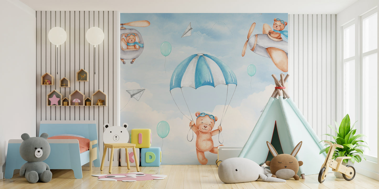 Teddy Pilots Cloudscape Wall Mural for a fun, airy look