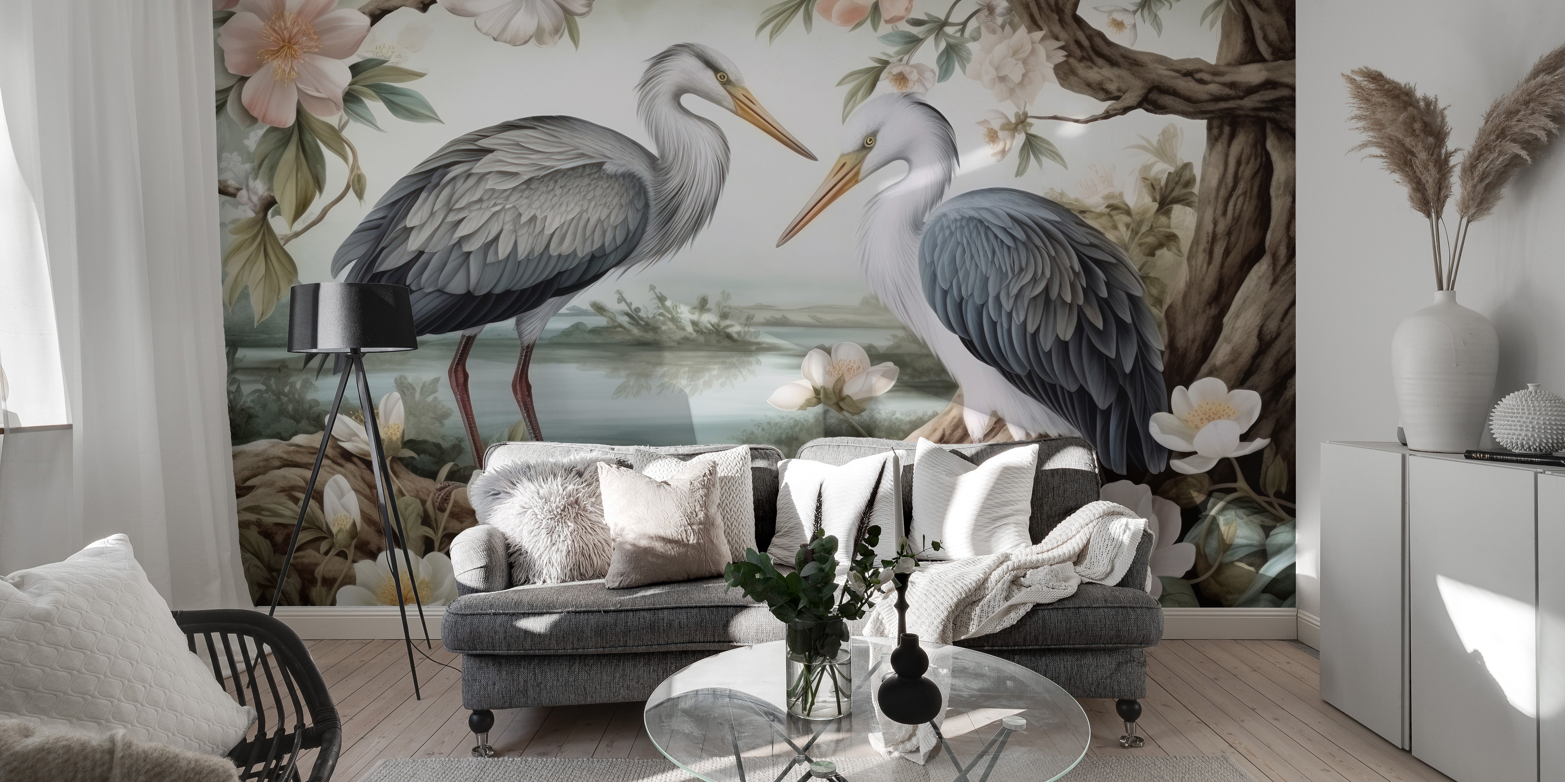 Lotus Pond Herons Wallpaper Mural with calming nature tones