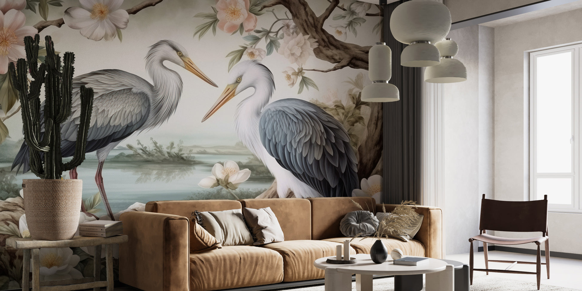 Lotus Pond Herons Mural Wallpaper for a serene atmosphere