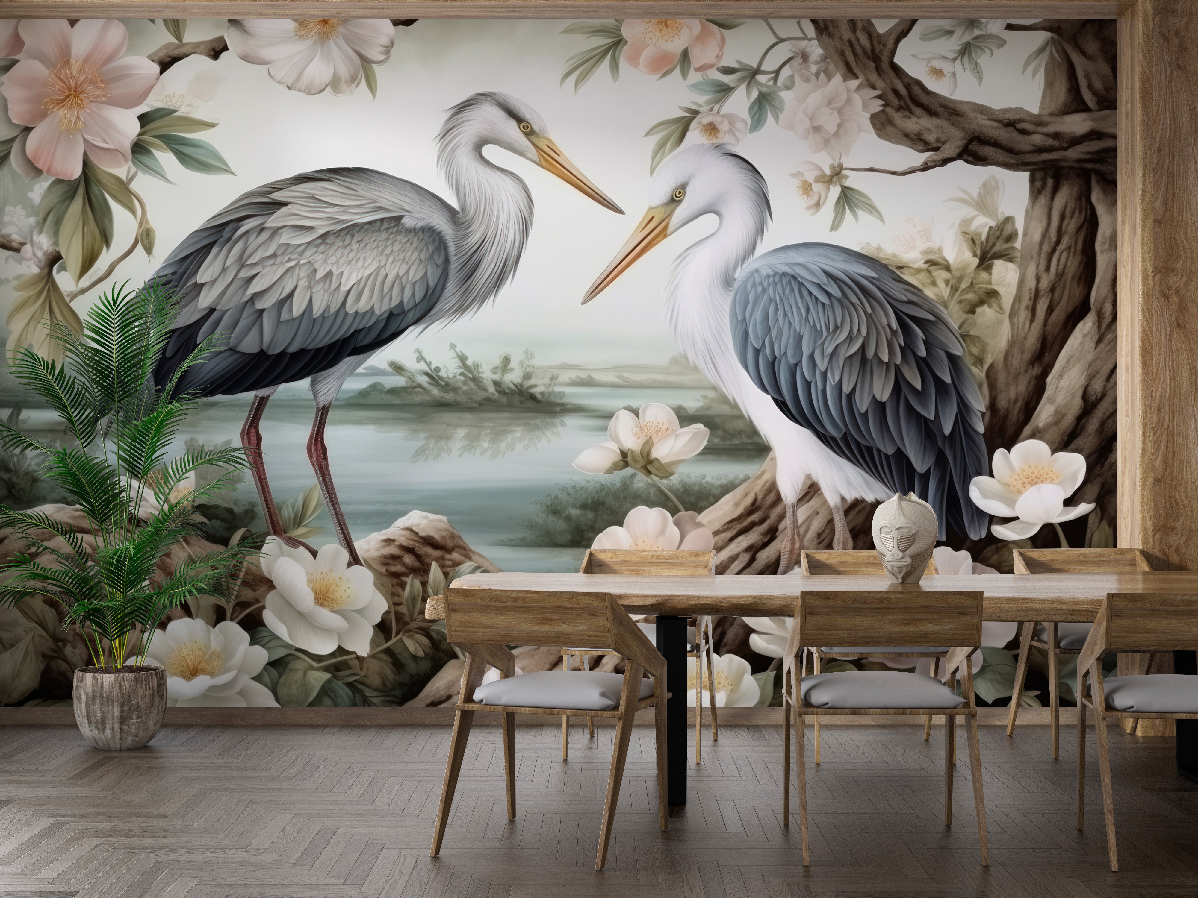 Lotus Pond Herons Wallpaper Mural with blooming lotus flowers