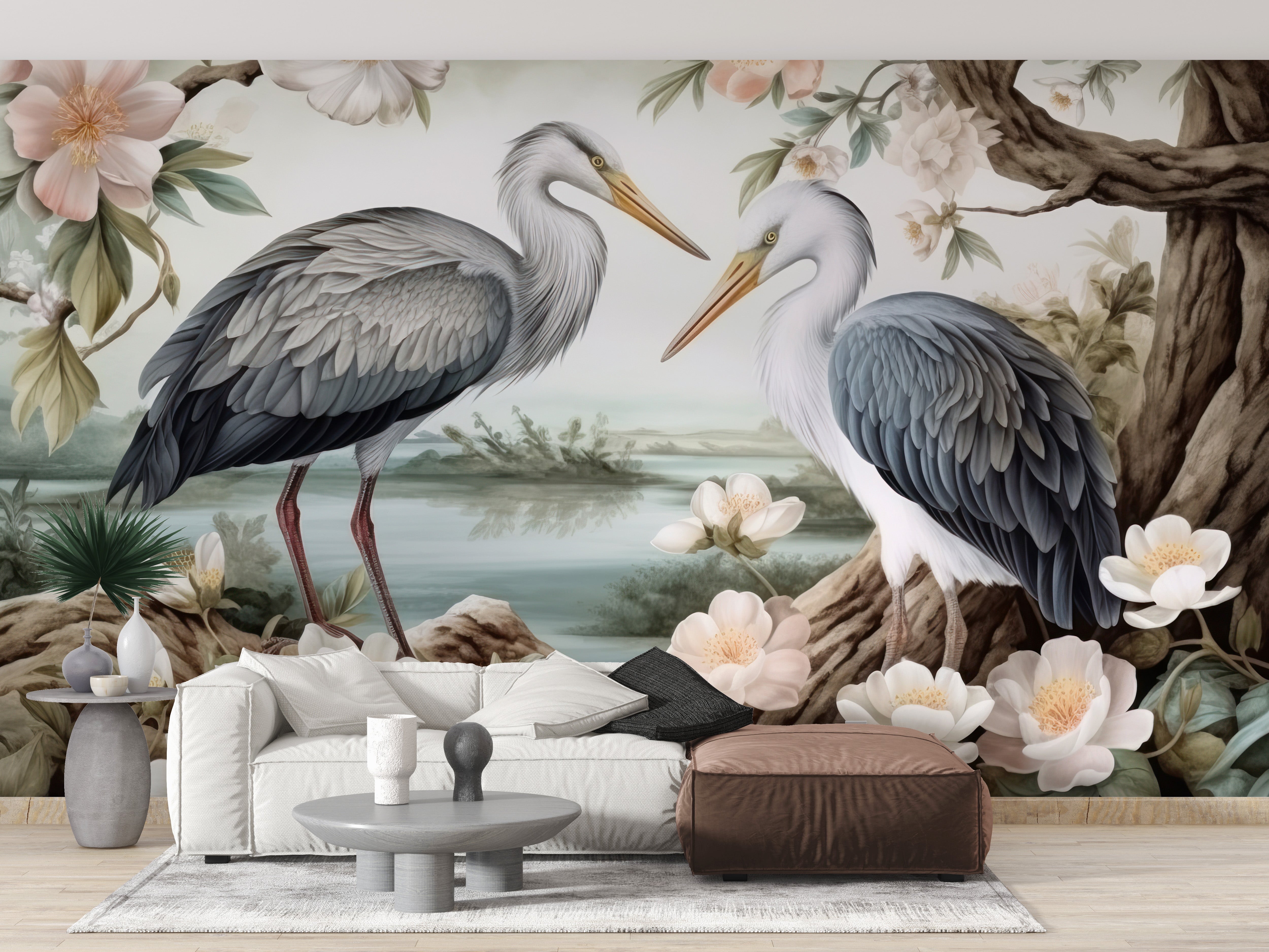 Lotus Pond Herons Mural Wallpaper for a peaceful scene