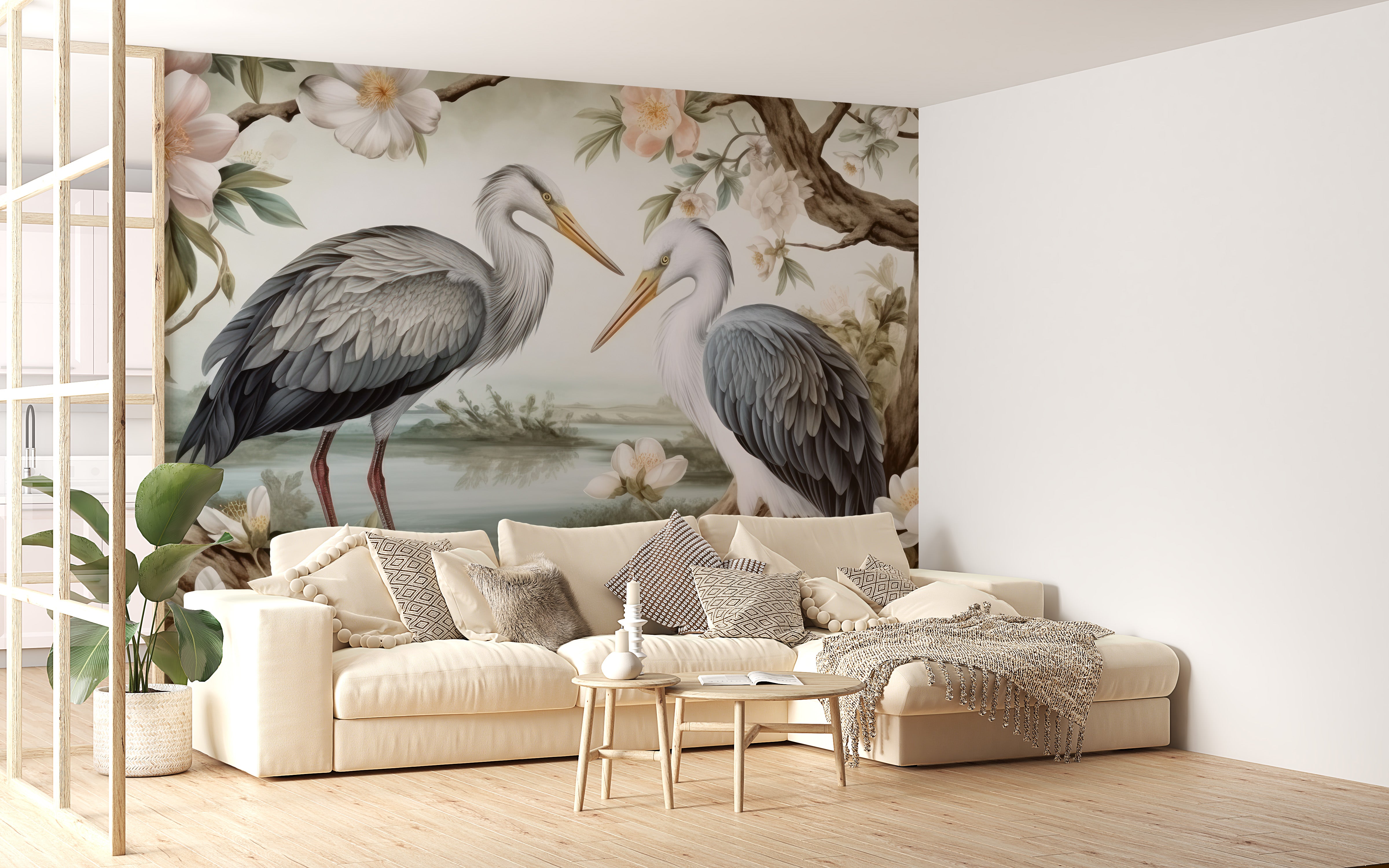 Lotus Pond Herons Wallpaper Mural with tranquil beauty