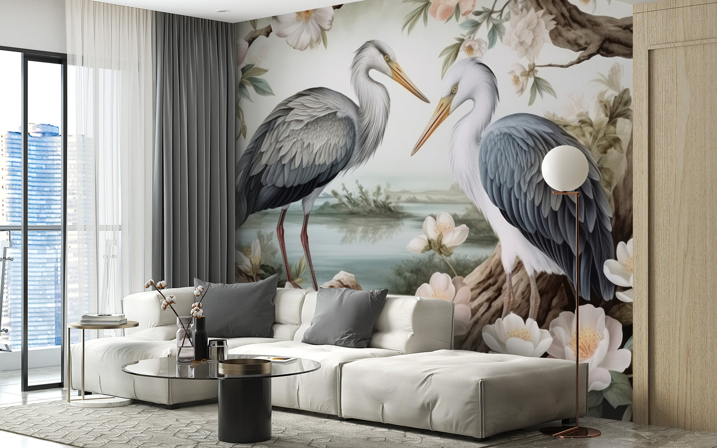 Lotus Pond Herons Mural Wallpaper for nature-inspired decor