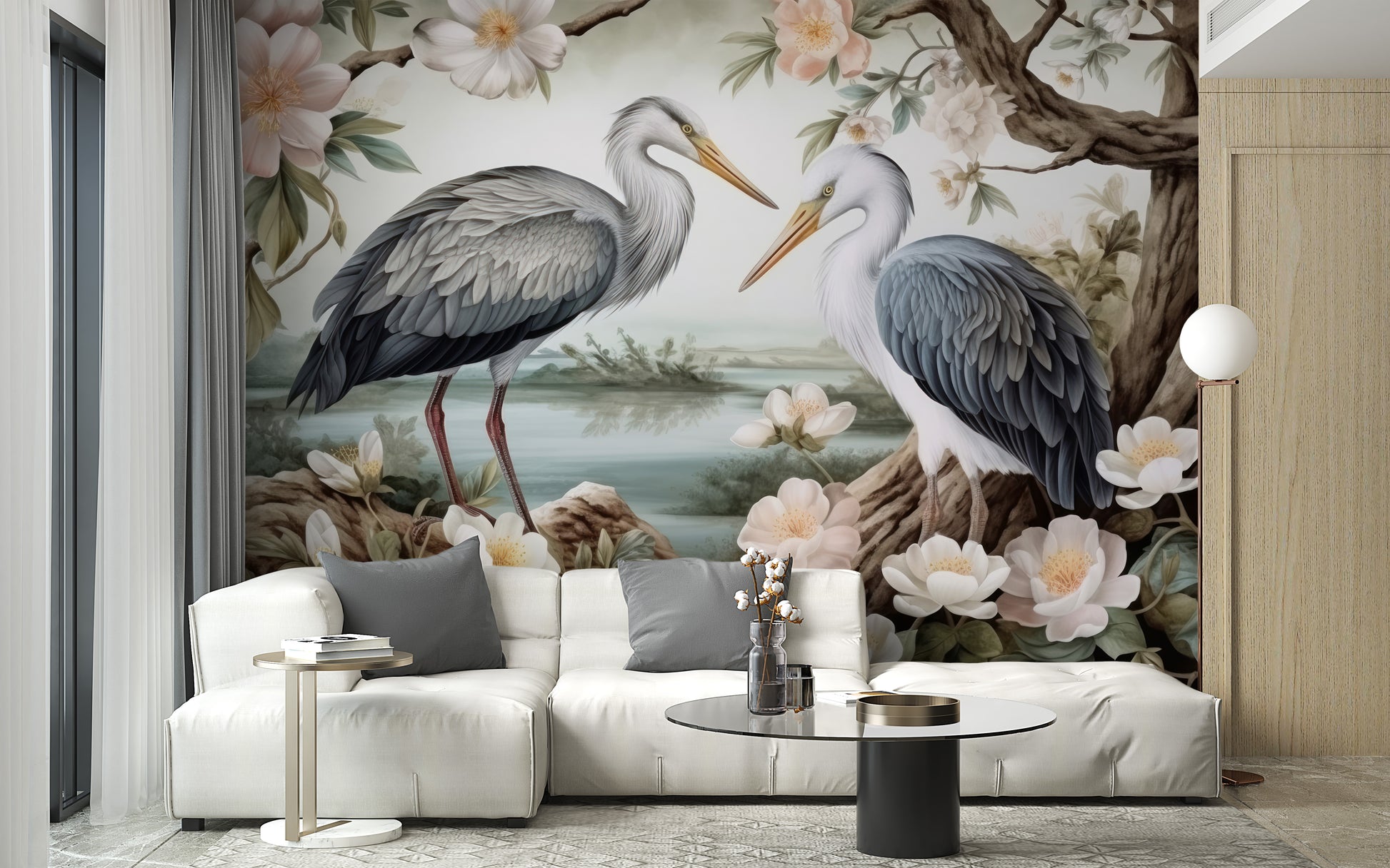 Lotus Pond Herons Wallpaper Mural with serene water views