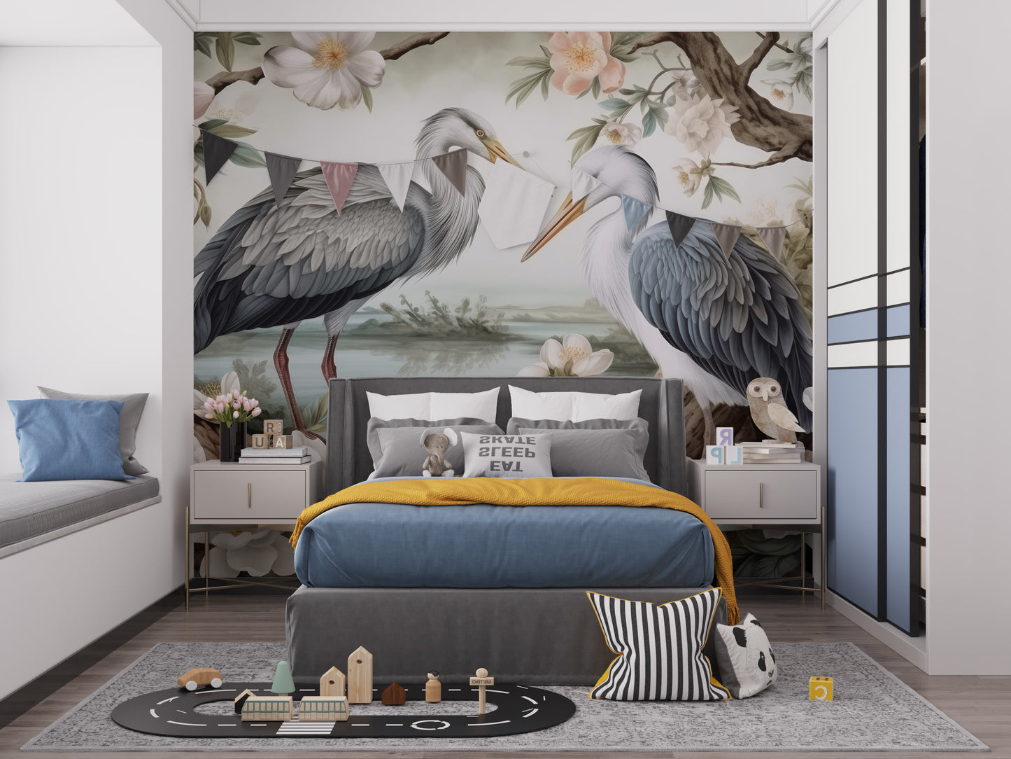 Lotus Pond Herons Mural Wallpaper for a calm, natural vibe