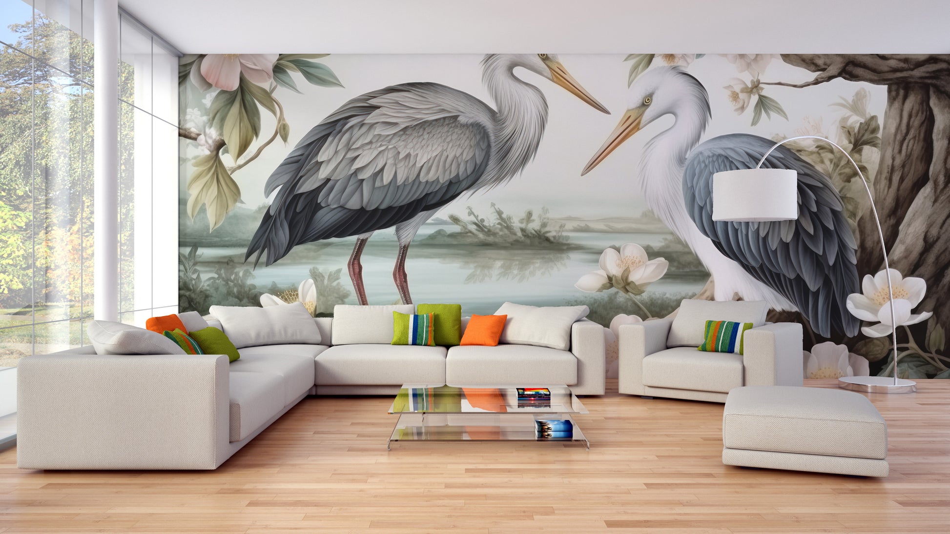 Lotus Pond Herons Wallpaper Mural with elegant birds