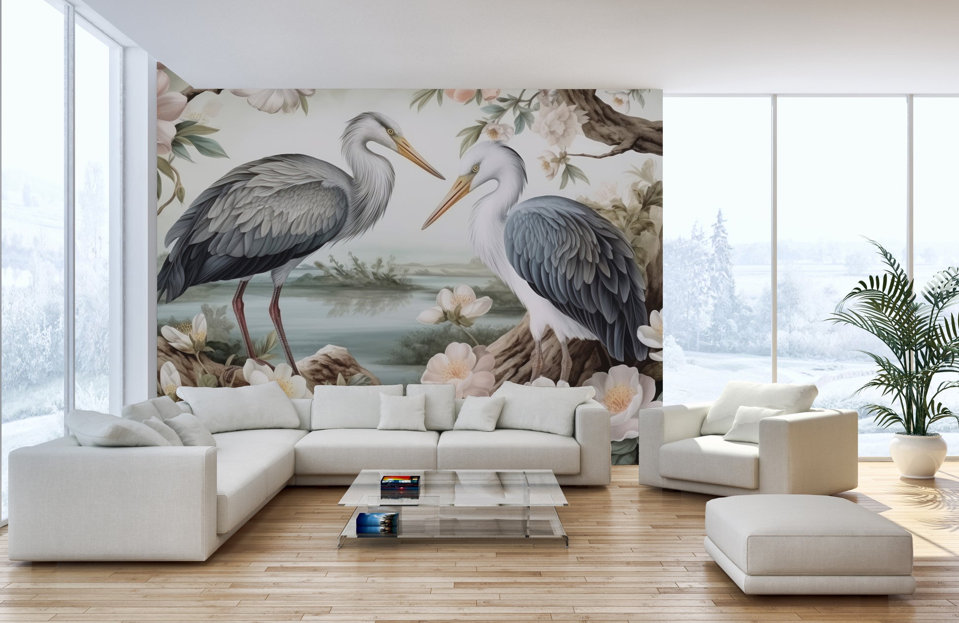 Lotus Pond Herons Mural Wallpaper to add peaceful charm