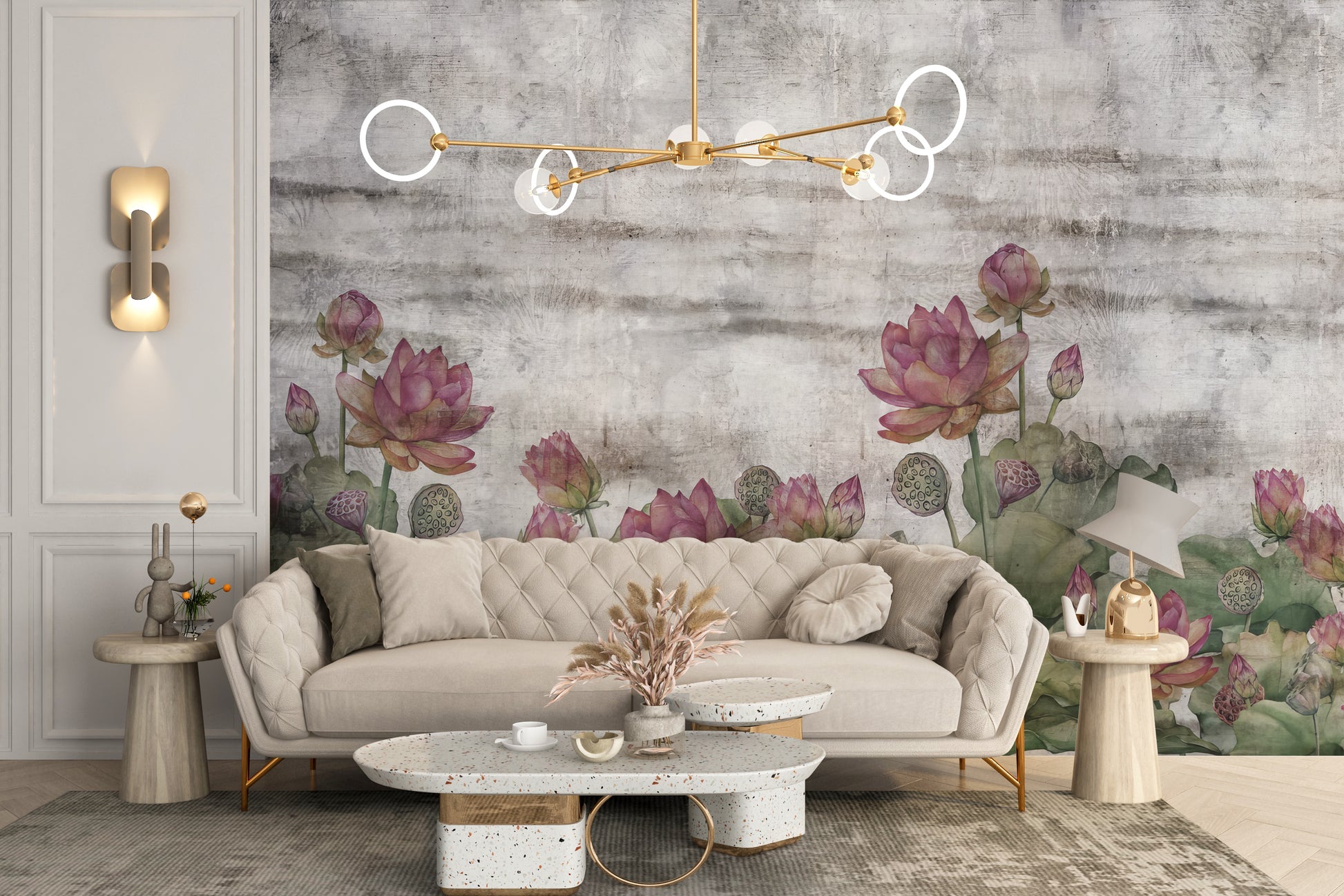 Sophisticated Oriental Lotus Pond Wall Mural