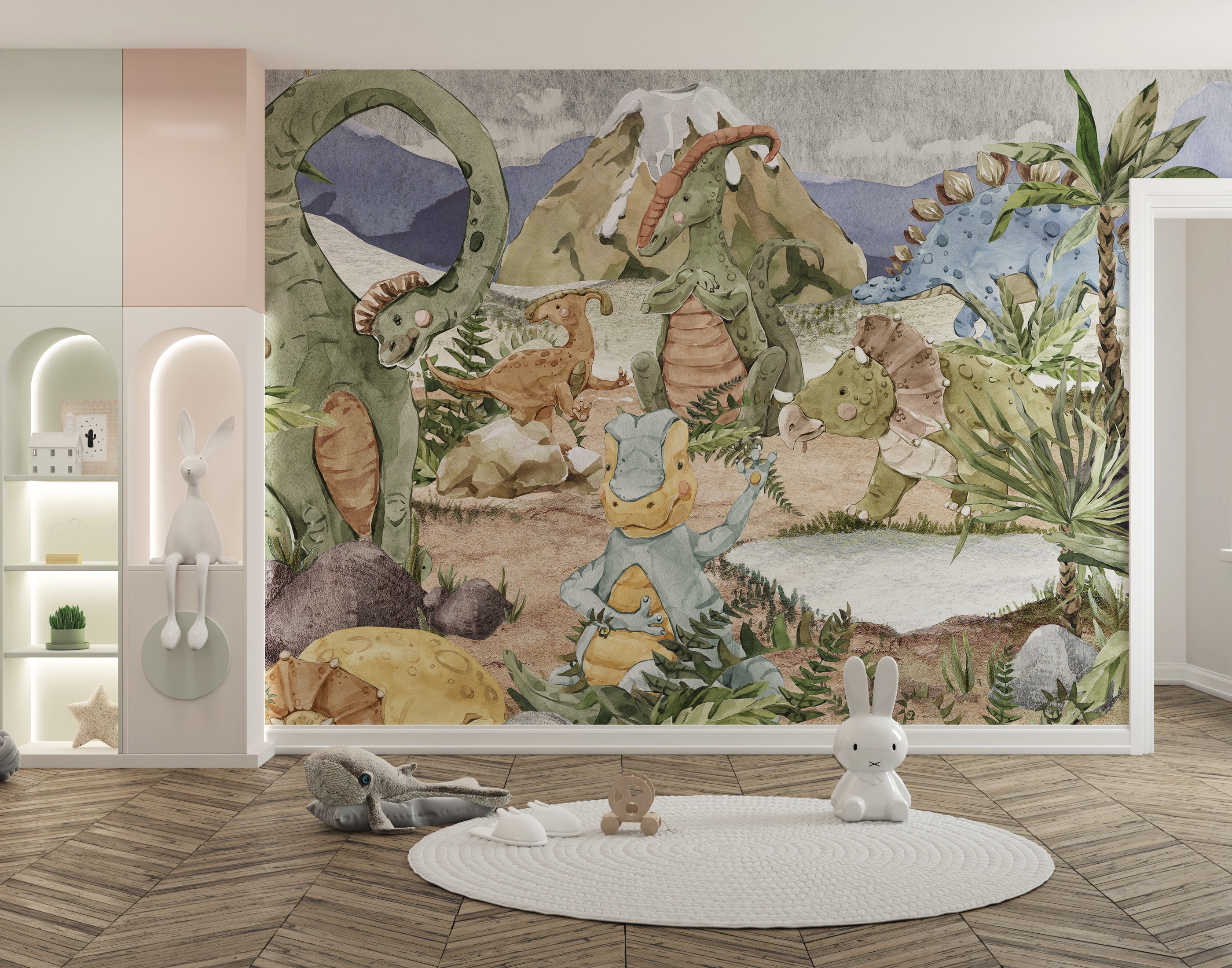 Dino Valley Adventure Wallpaper Mural with prehistoric charm