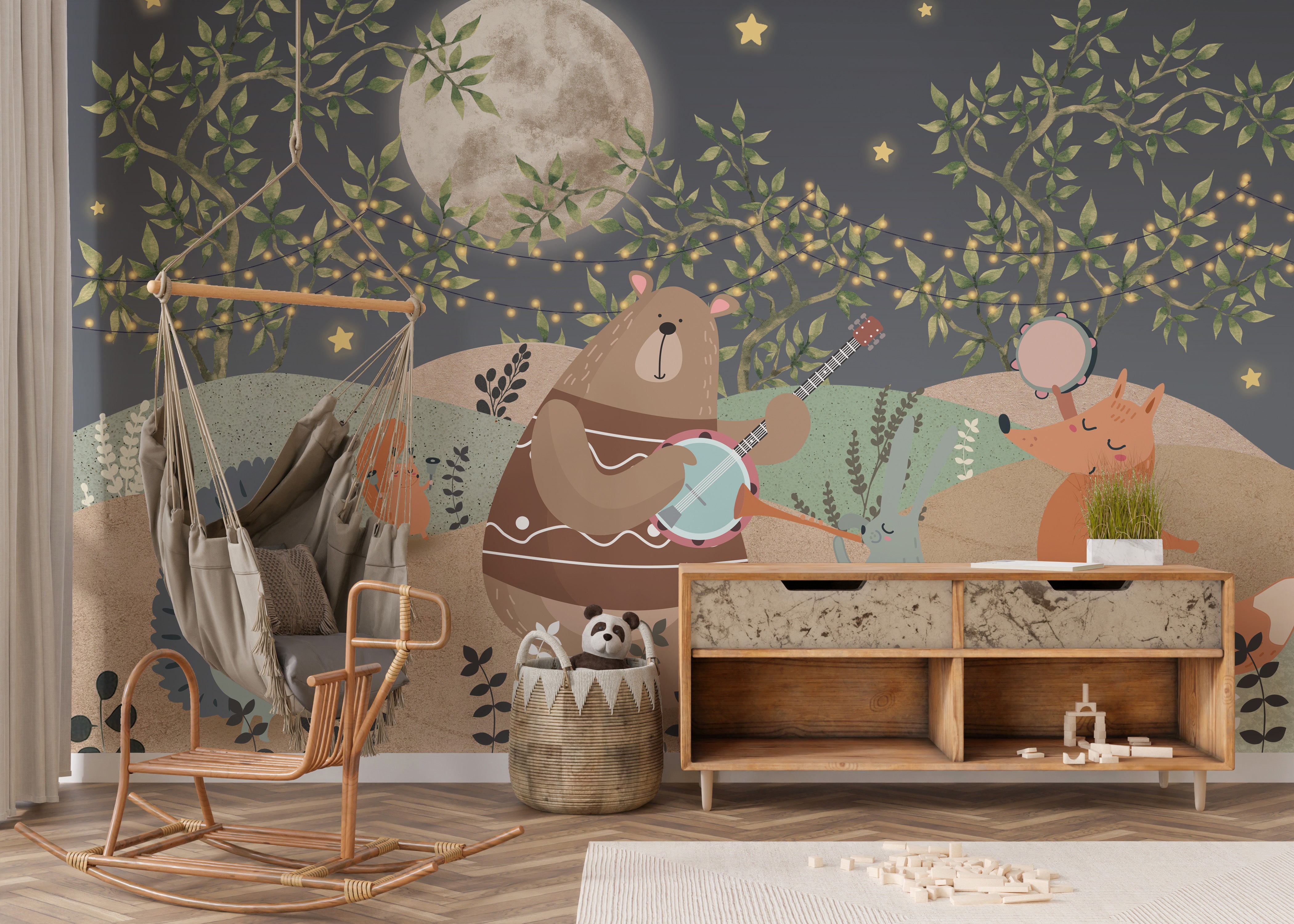 Midnight Melody Animals Wallpaper Mural with gentle tones