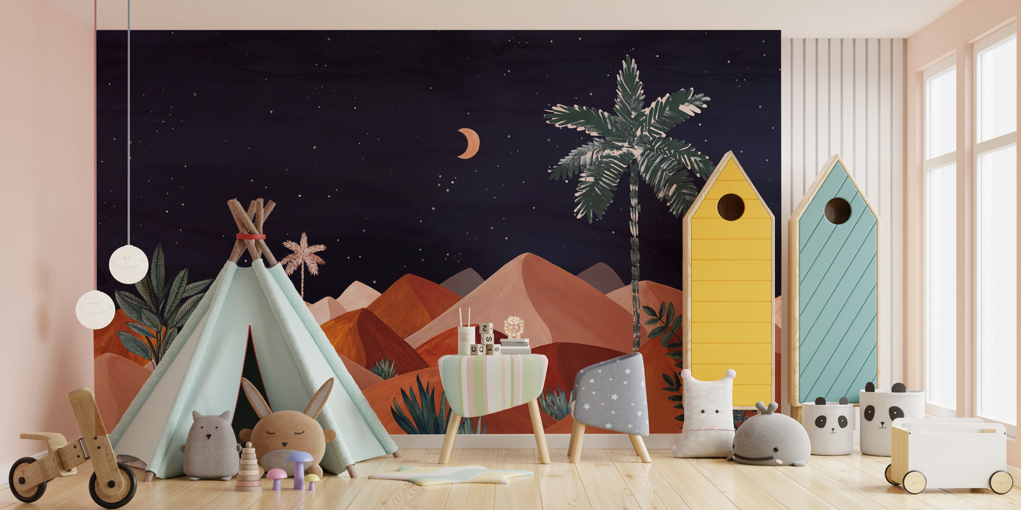 Night Sky Desert Wall Mural with tranquil colors