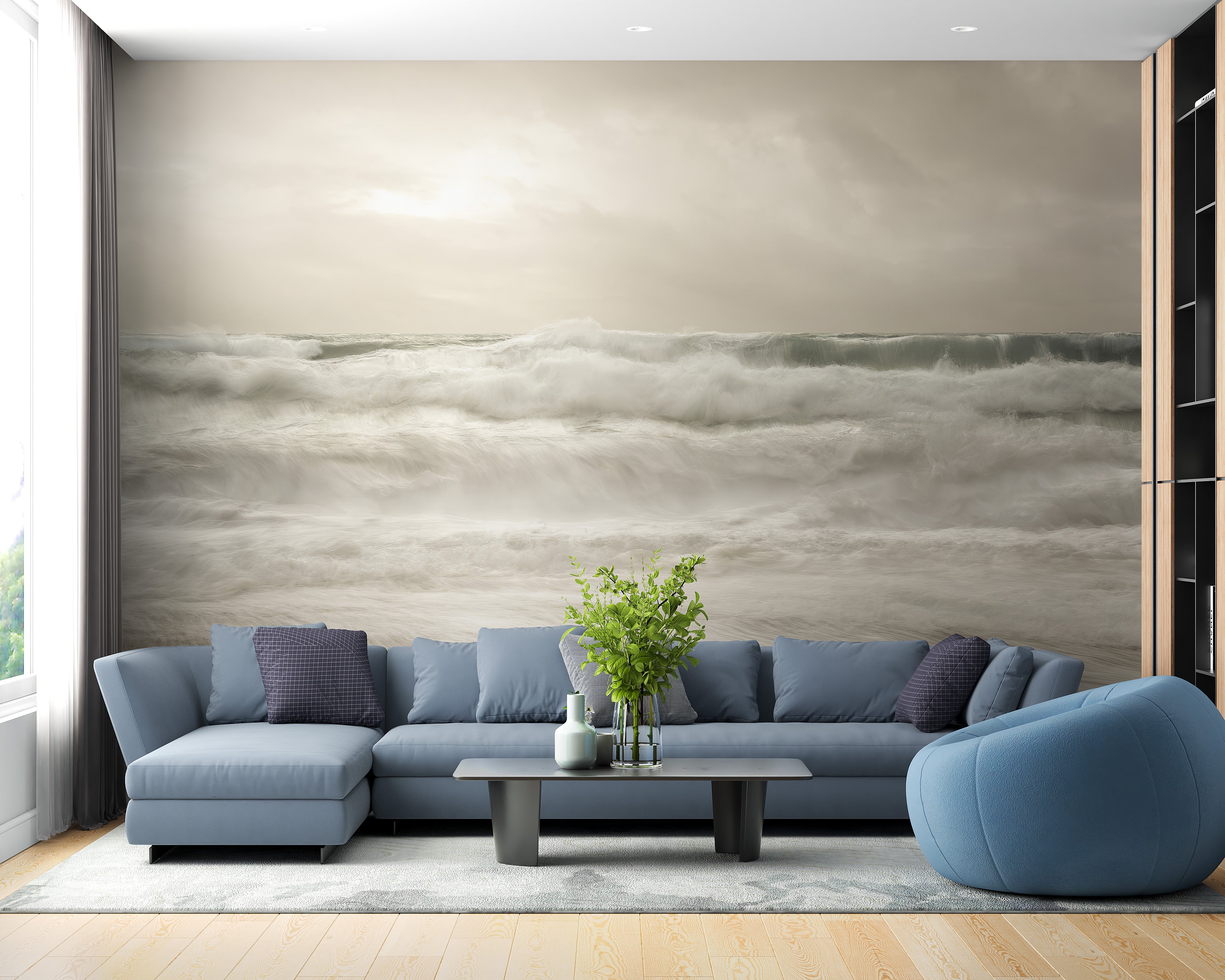 Stormy Sea Foam Wallpaper Mural with striking waves