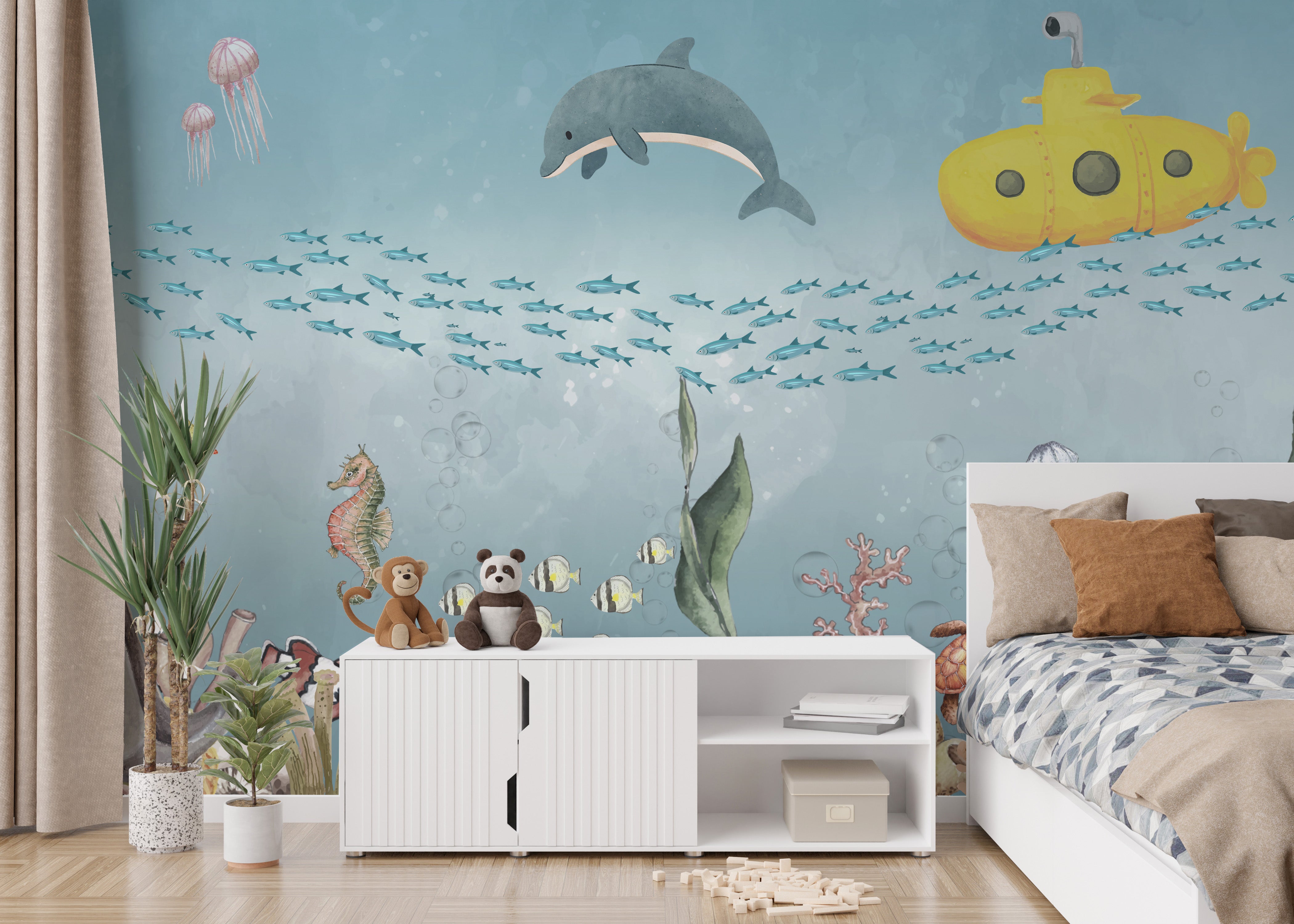 Submarine Exploration Wall Mural with captivating sea creatures