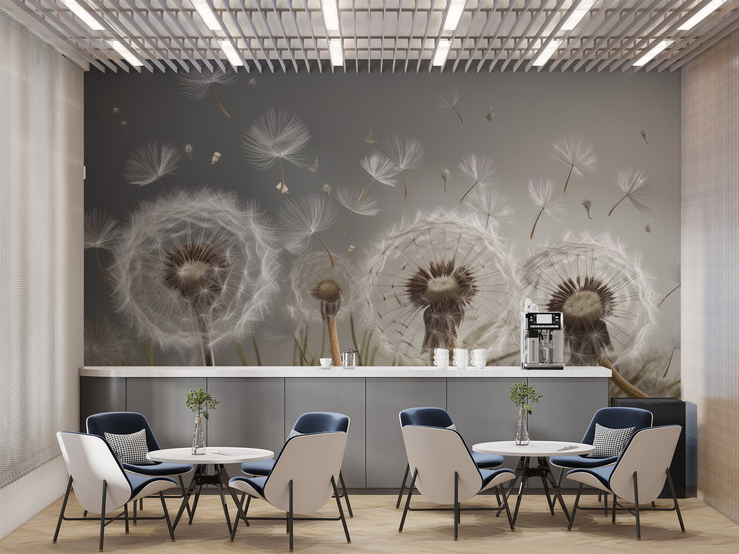 Soft and tranquil floating seeds mural for a peaceful atmosphere