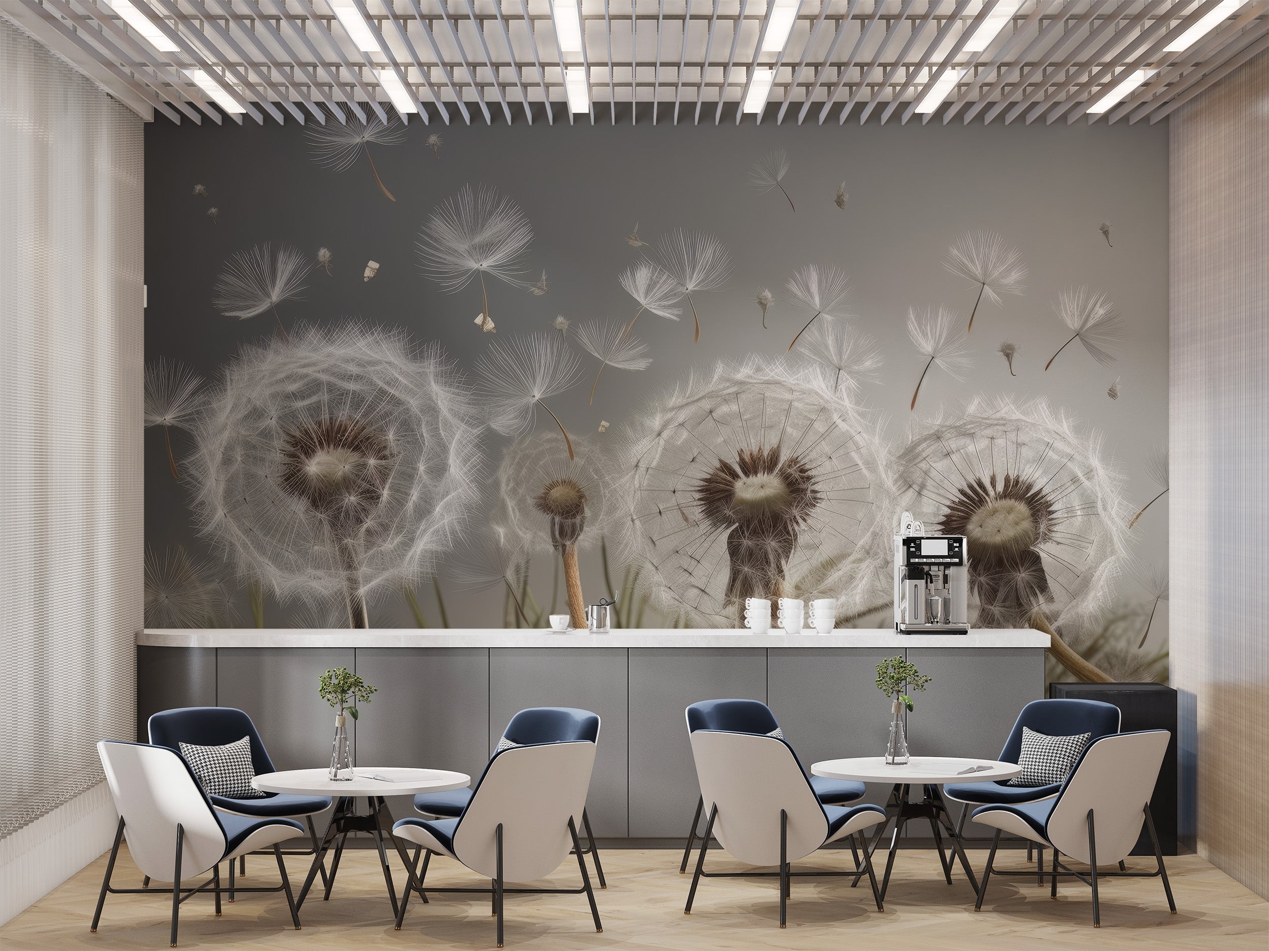 Soft and tranquil floating seeds mural for a peaceful atmosphere