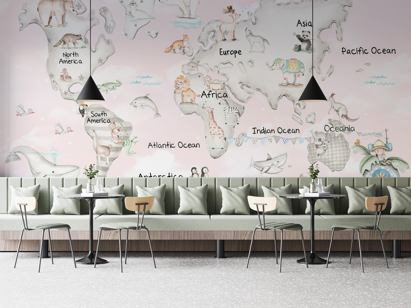 Playful global wildlife wallpaper for kids' walls