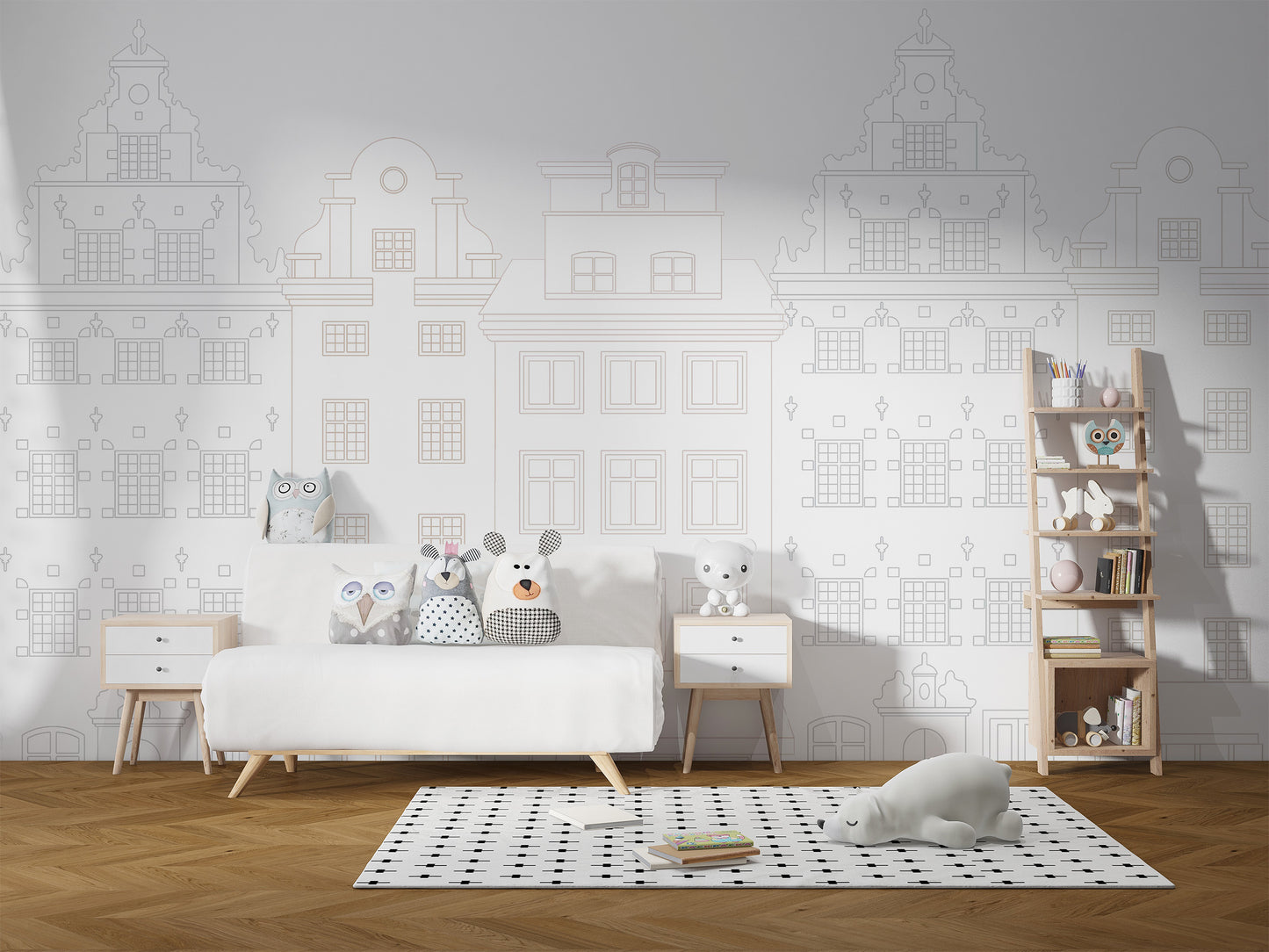 Scandinavian townhouse wallpaper with elegant linear details
