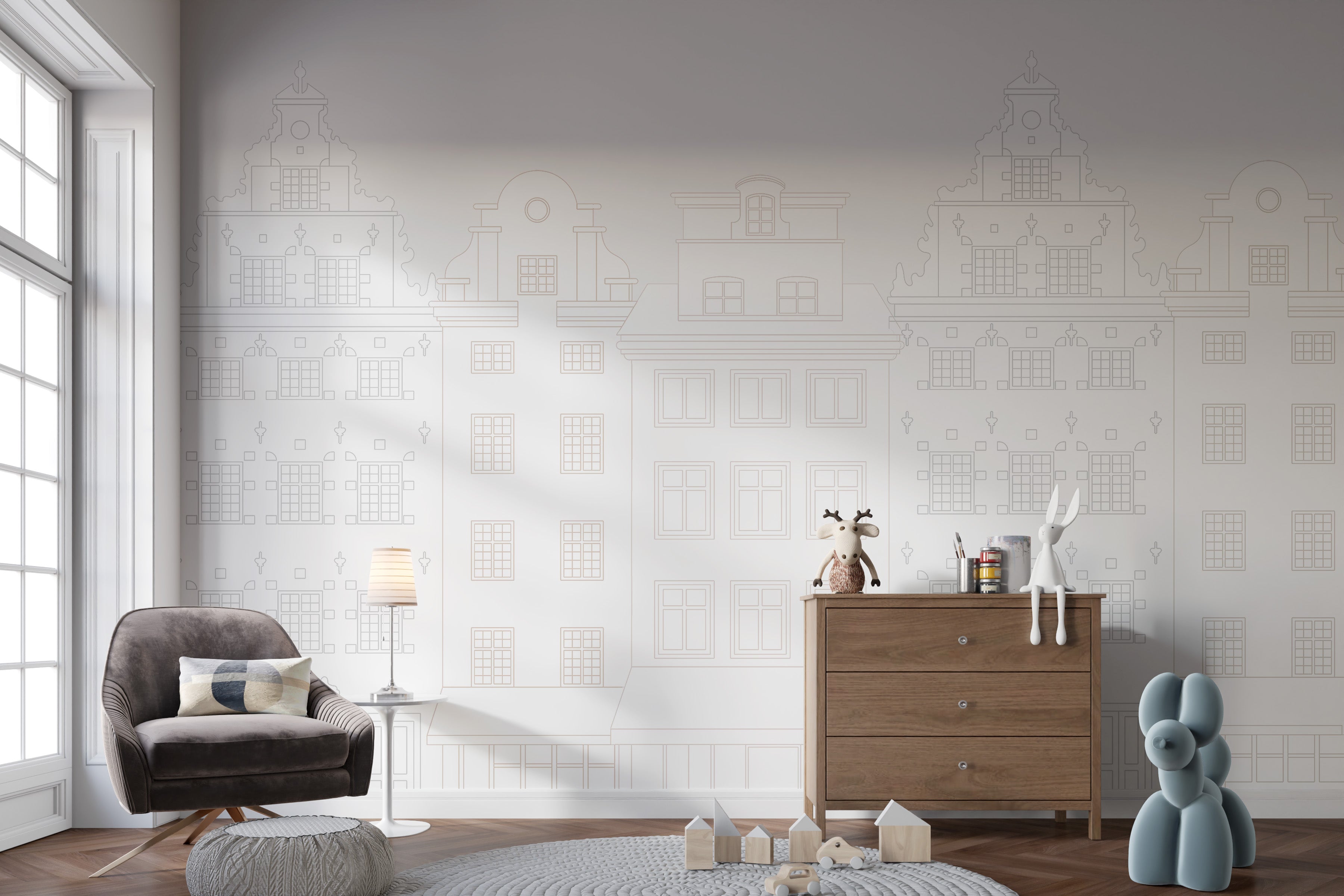 Fine-line city illustration wallpaper for modern interiors
