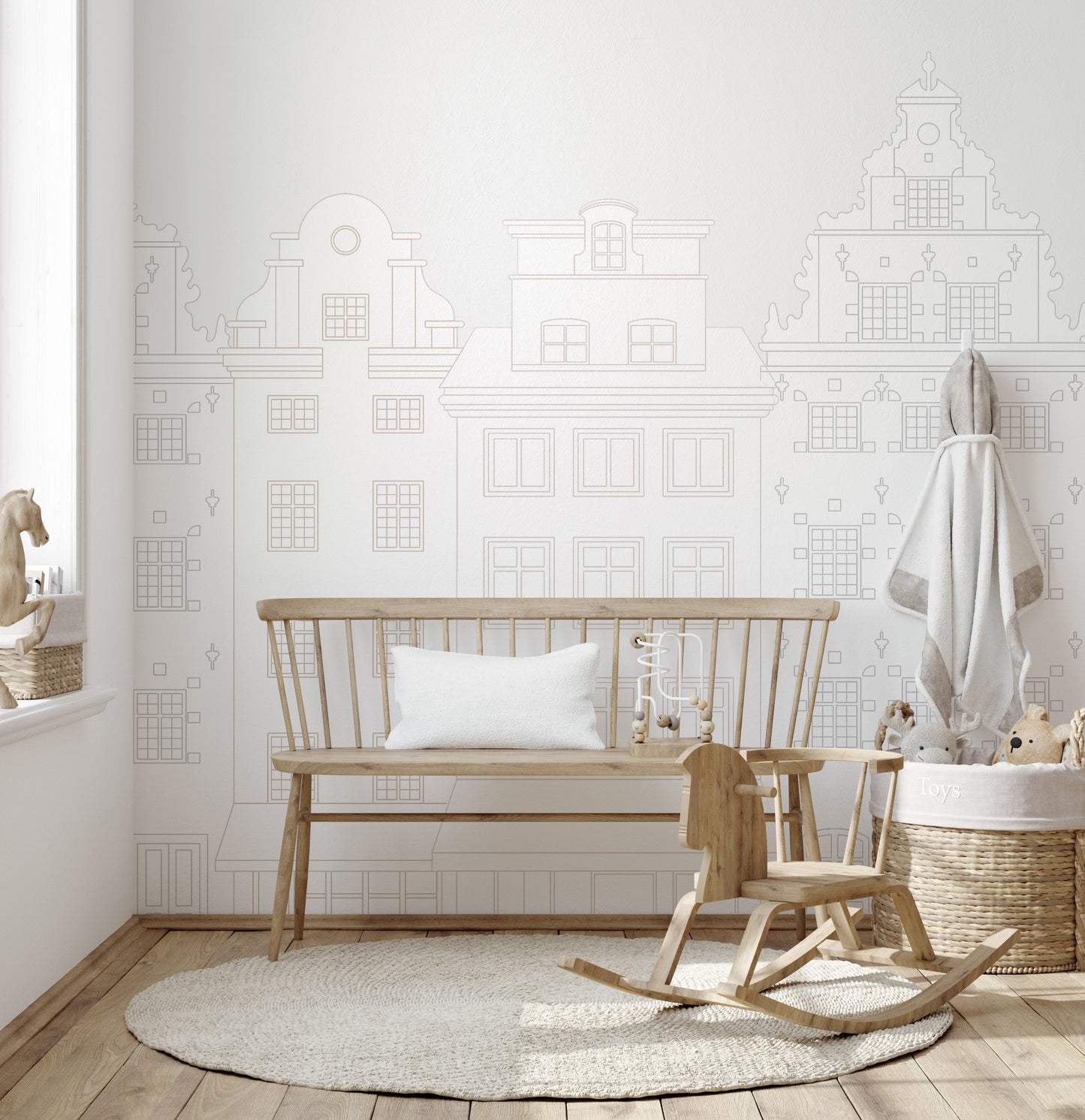 Modern city line wallpaper with elegant townhouse details
