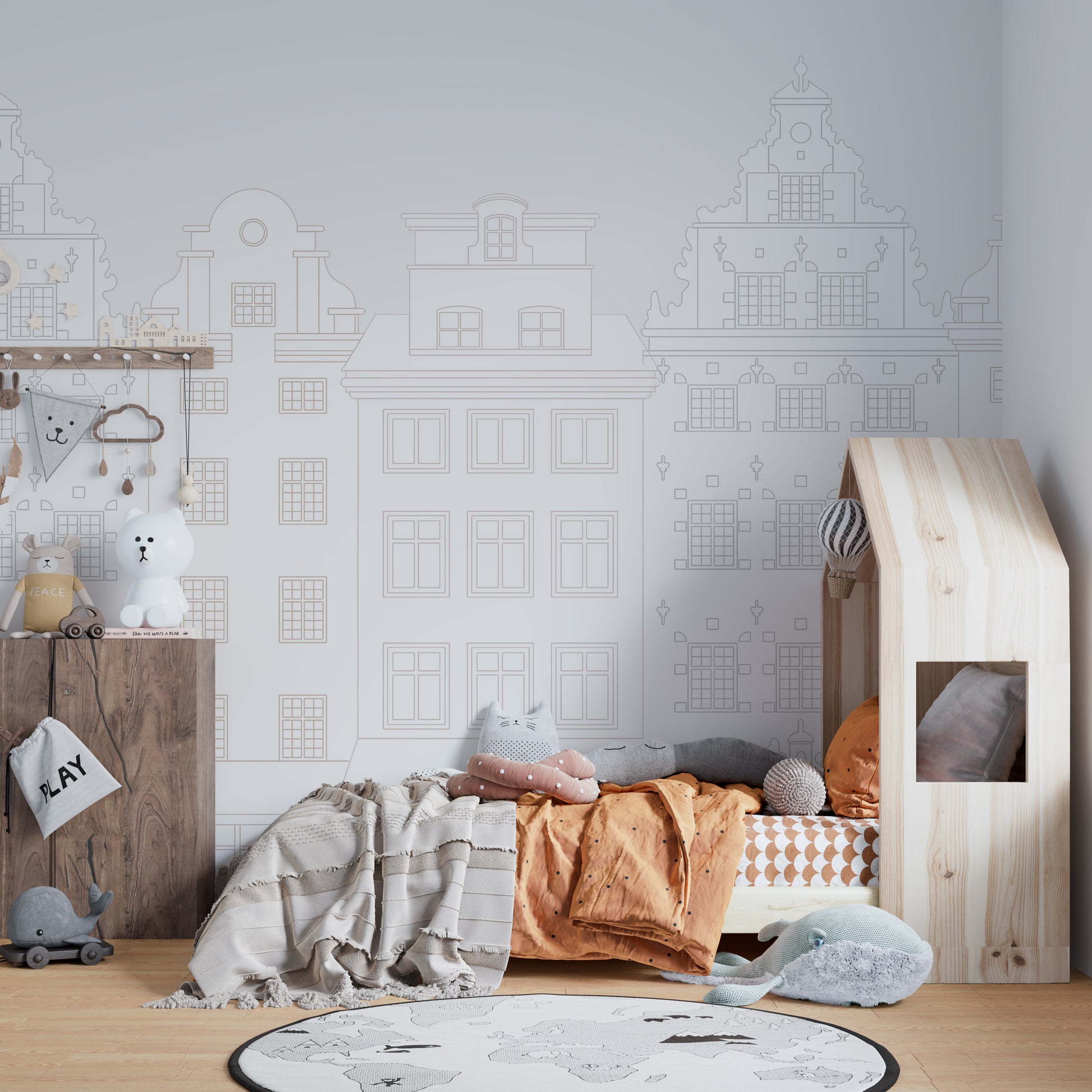 Historic buildings wall mural with intricate sketch details
