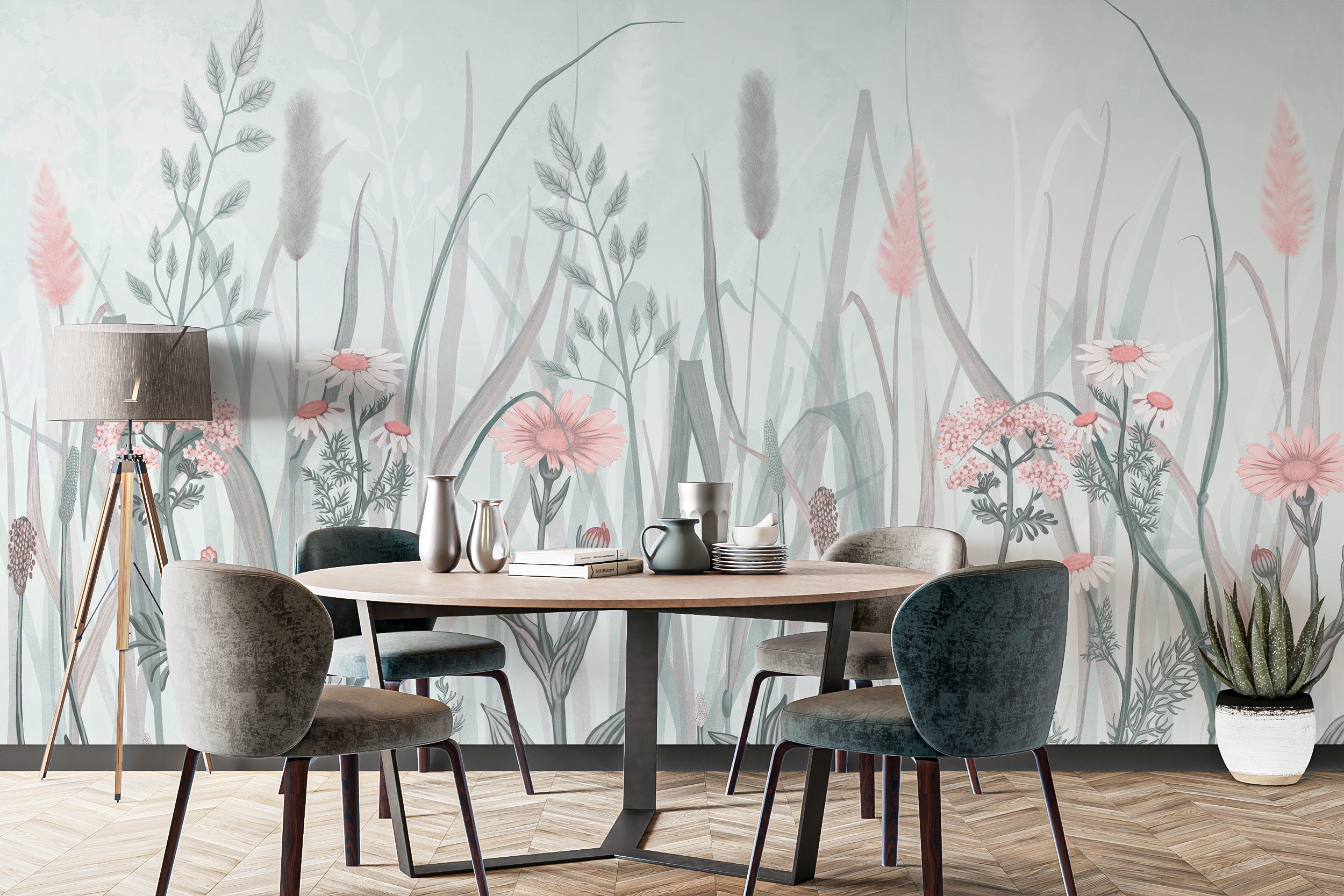 Whimsical pink flora wallpaper for walls decor