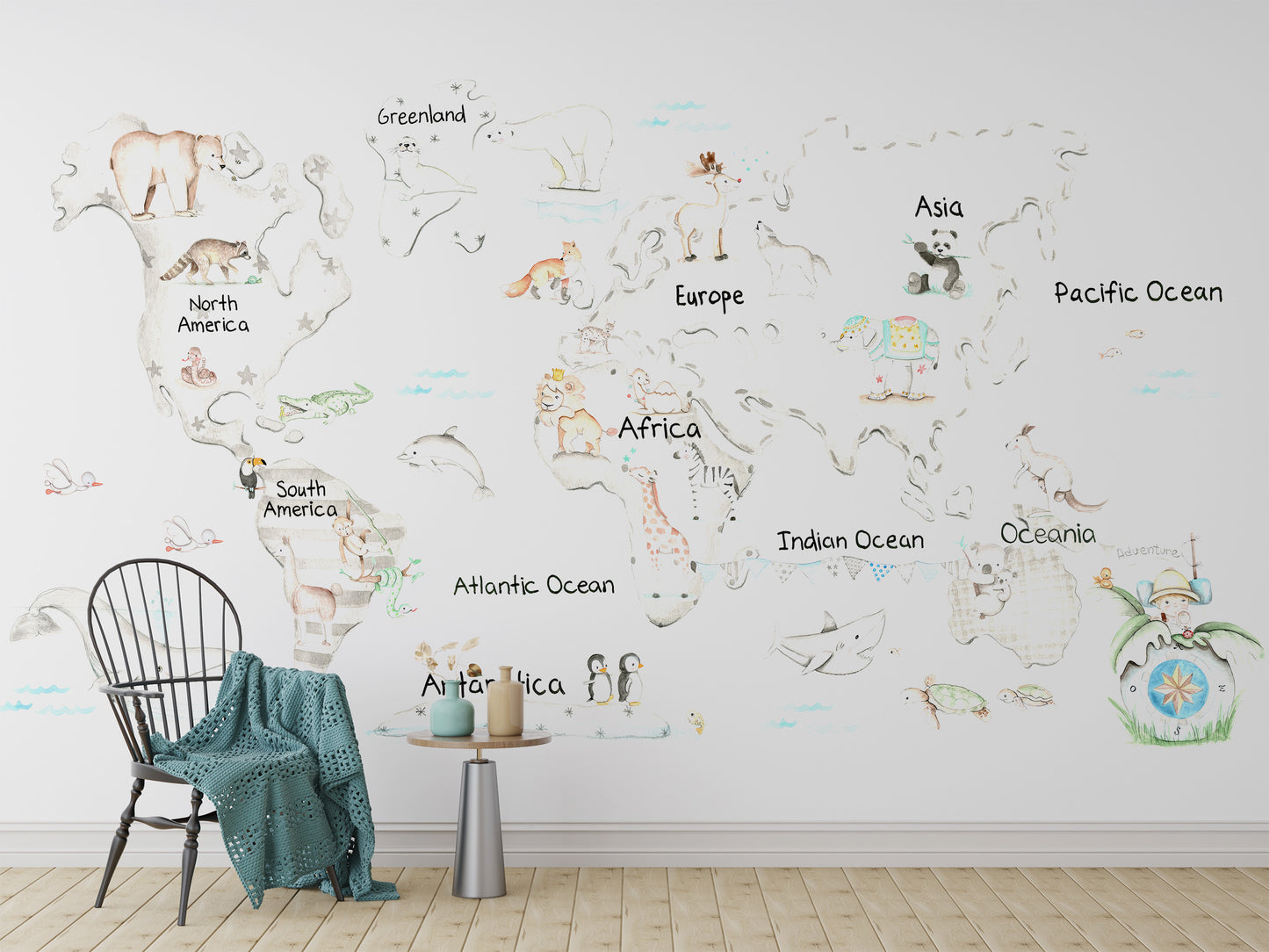 Removable wildlife wallpaper featuring playful animals