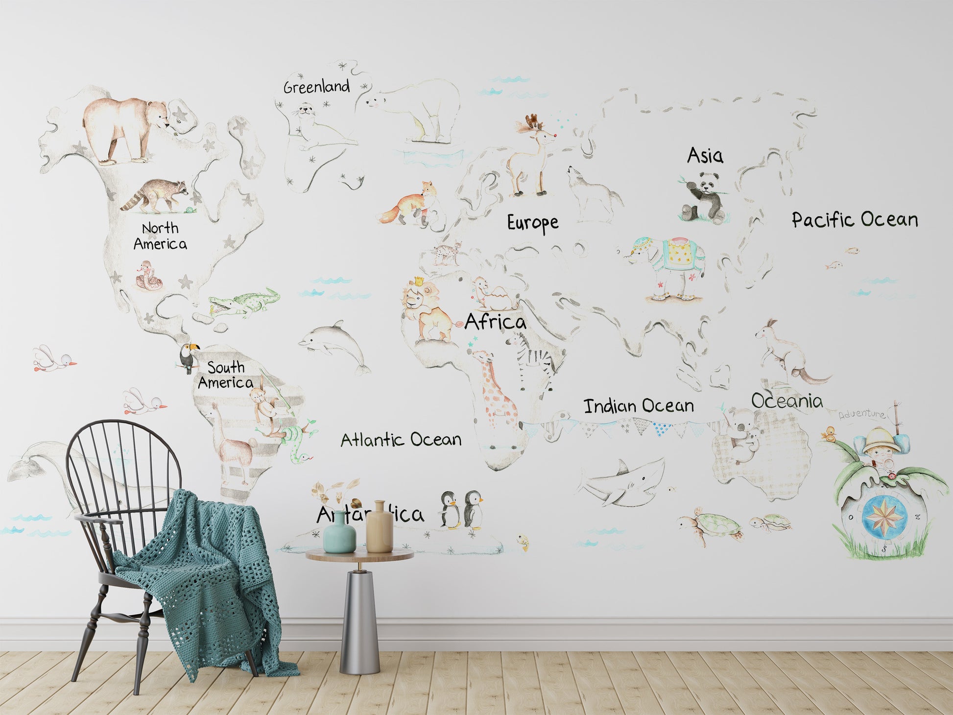 Removable wildlife wallpaper featuring playful animals