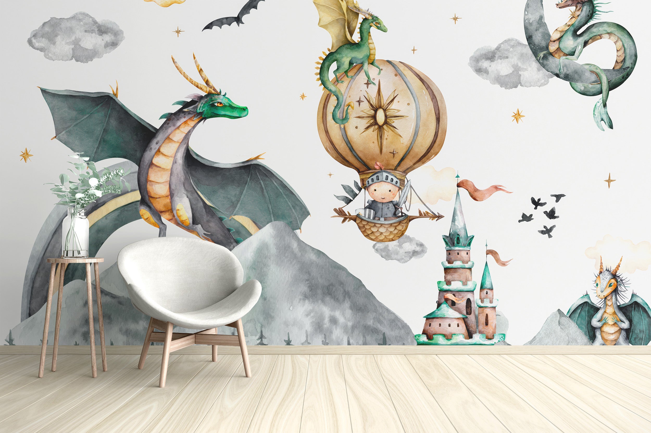 Room mural featuring a magical Dragon Kingdom scene