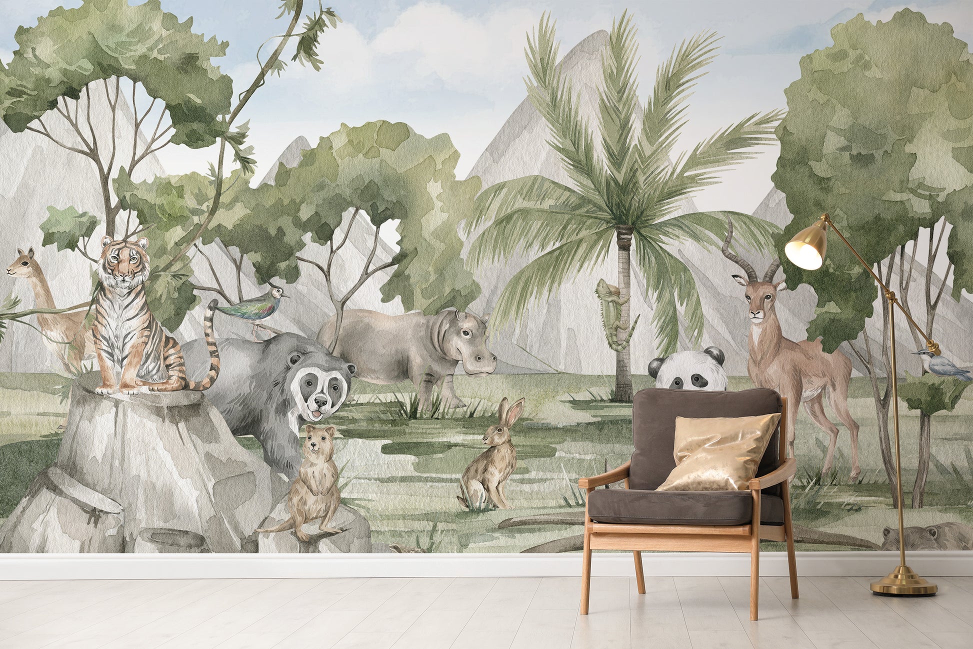 Safari animal kingdom mural for a lively and bold look