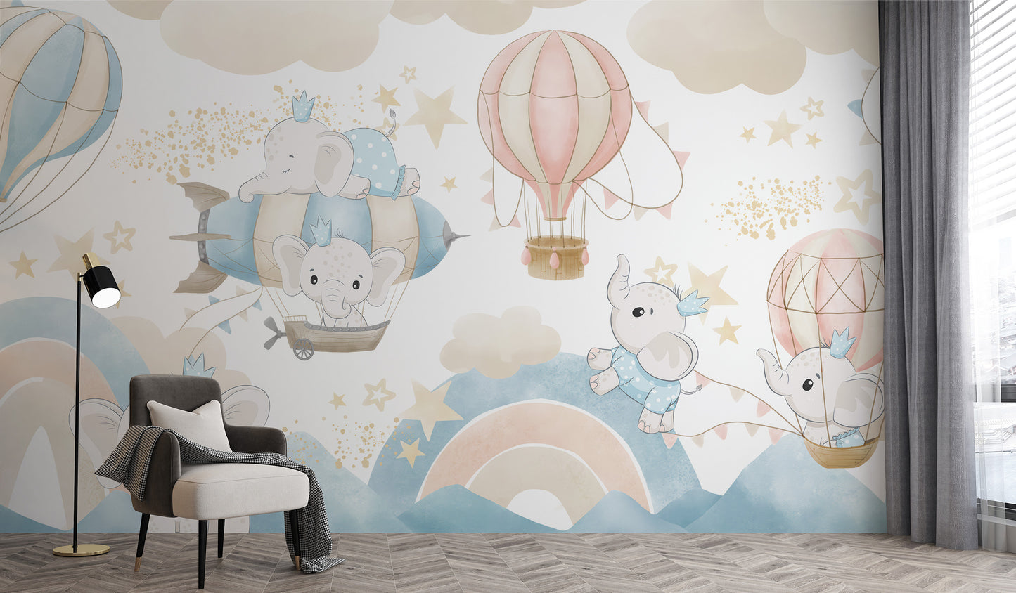 Baby elephants playtime wallpaper mural for kids' rooms