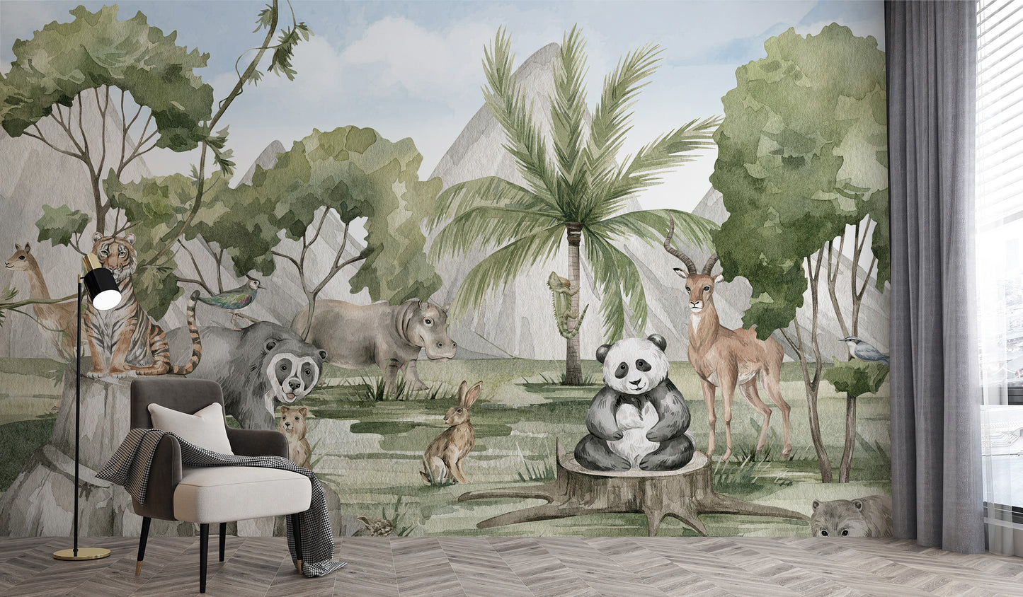 Colorful animal kingdom wallpaper mural for playful interiors