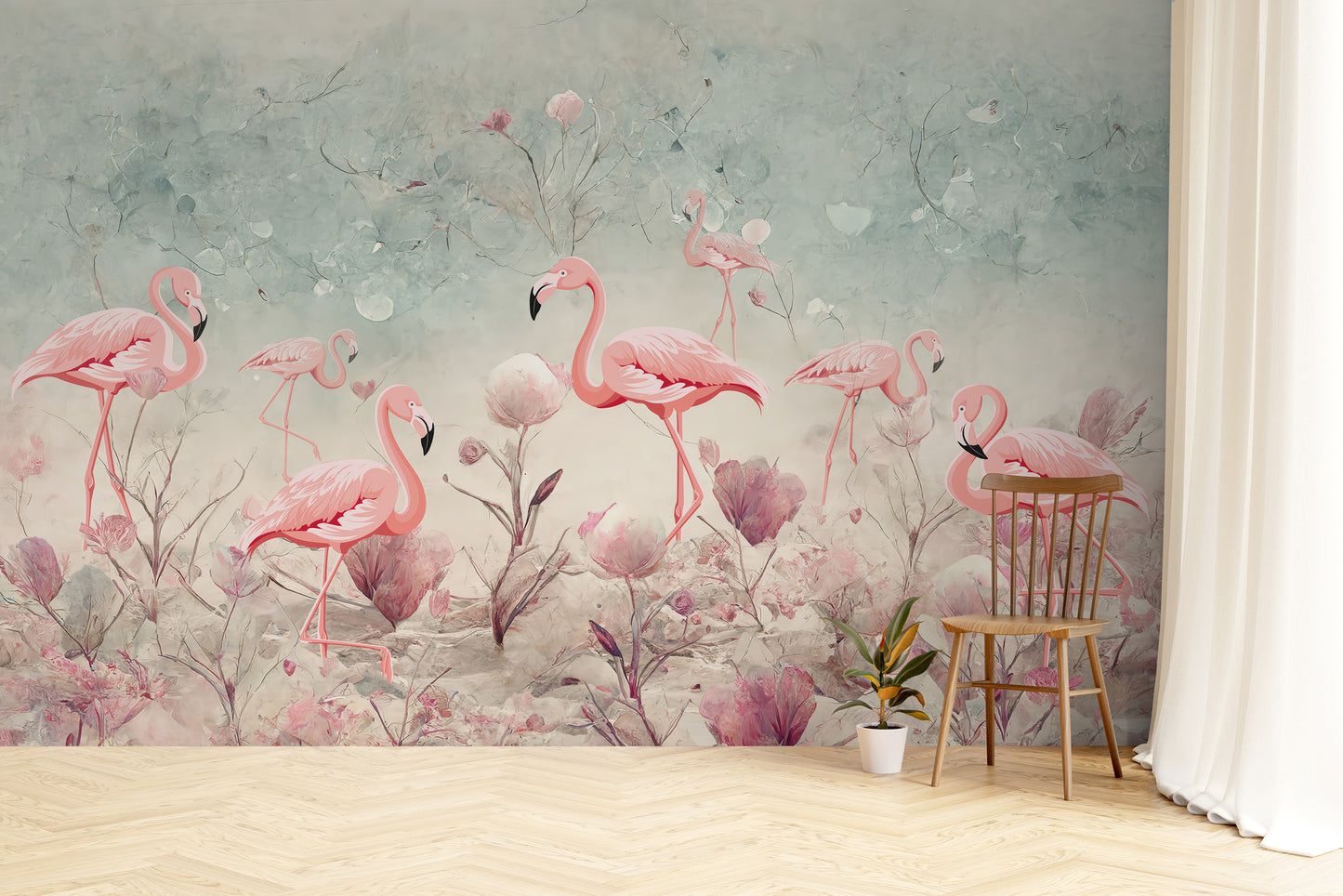 Dreamy flamingo mural for a fantasy-inspired wall design