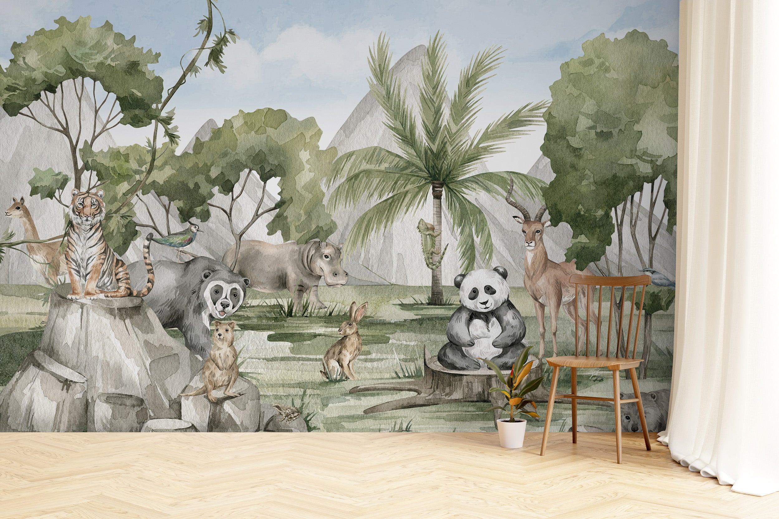 Animal kingdom mural featuring diverse wildlife for walls