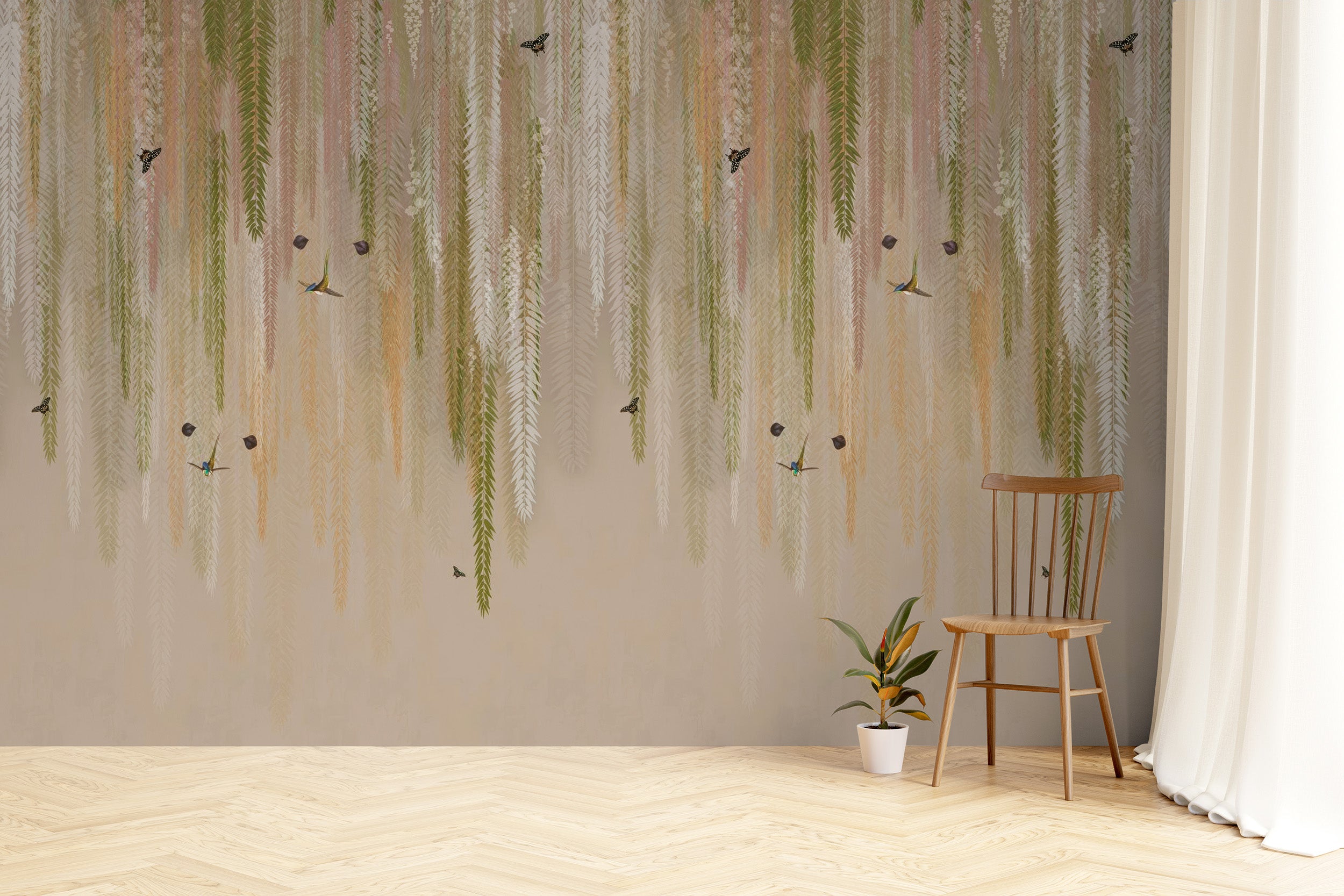 Decorative green wisteria wallpaper mural for a lush room design