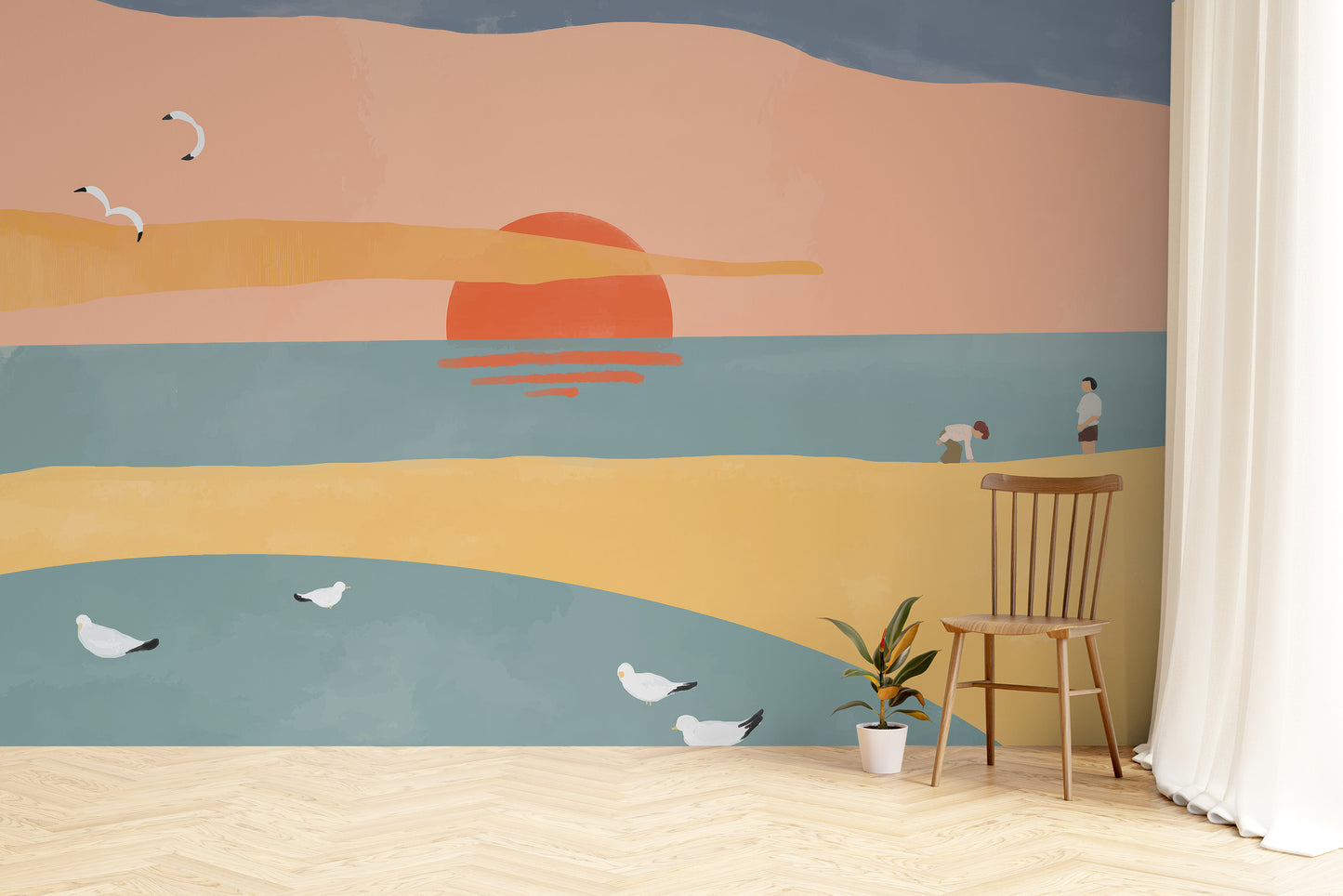 Sunset beach adhesive wallpaper for ocean-themed decor