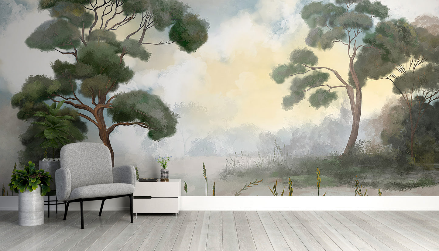 Tranquil sunrise tree mural for soothing home decor