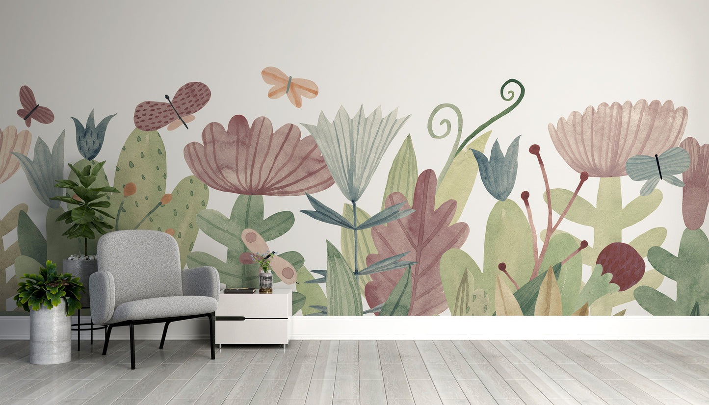 Room wallpaper featuring butterfly garden and floral designs