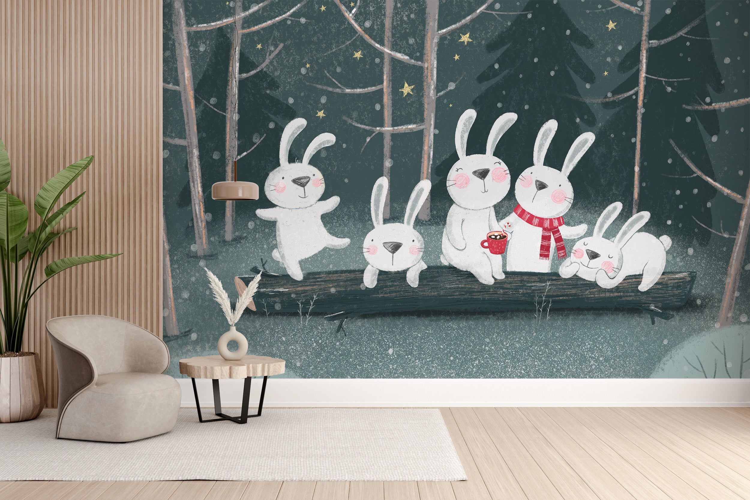 Winter wonderland wallpaper mural with rabbit illustration