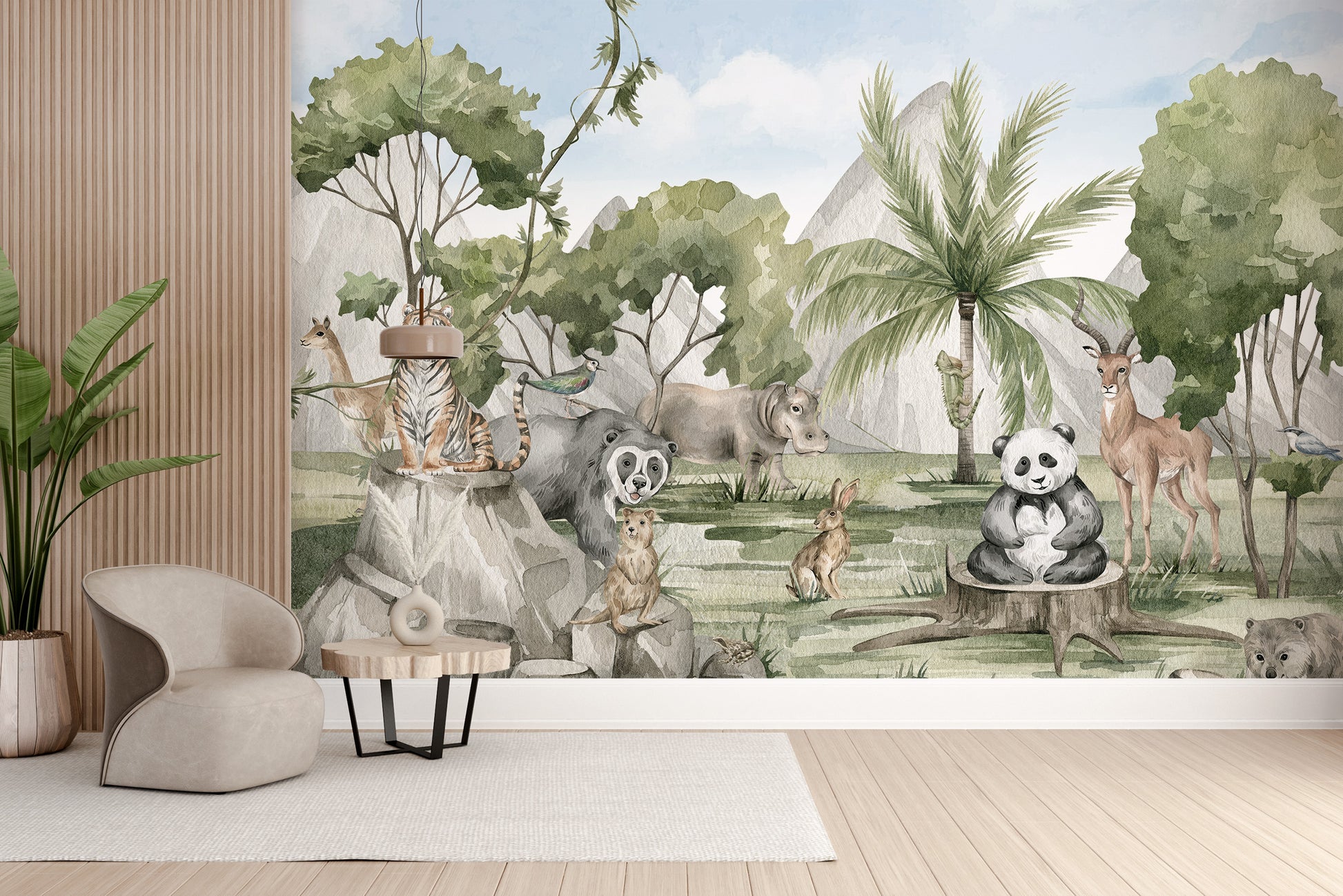 Jungle-themed animal kingdom mural for vibrant room design