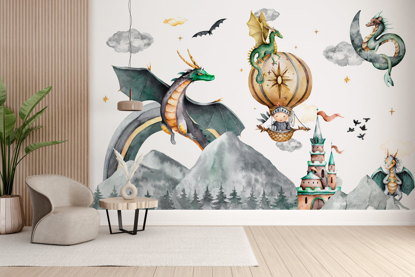 Self-adhesive dragon mural for magical-themed spaces